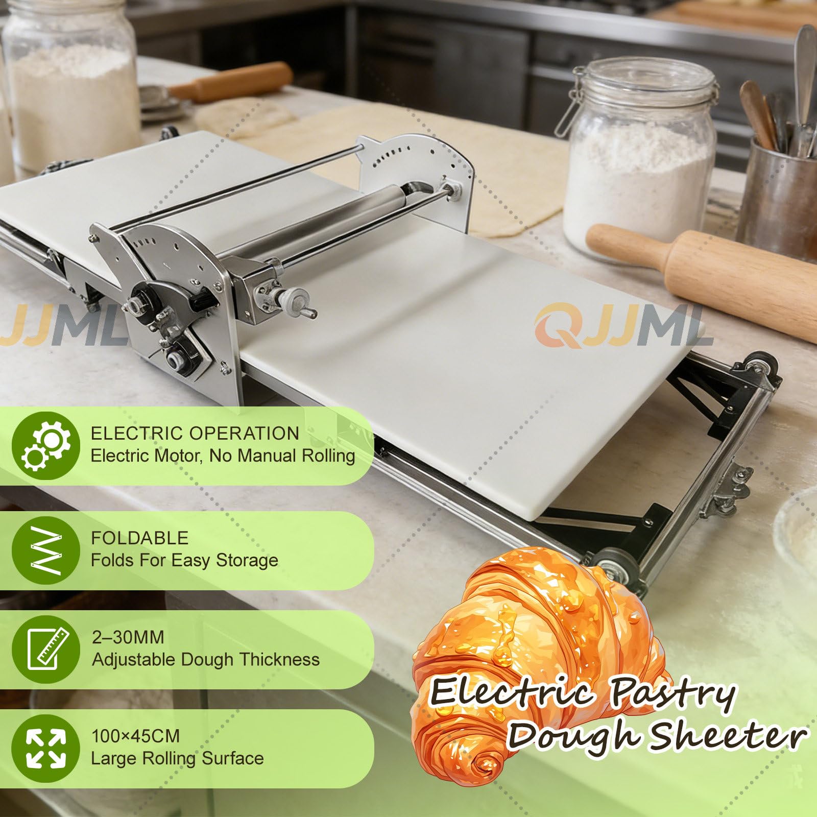 Sfogliatrice elettrica per pasta sfoglia con rotolamento avanti e indietro, caratteristiche pieghevoli, spessore regolabile massimo 30 mm, per cucine domestiche o piccole cucine commerciali
