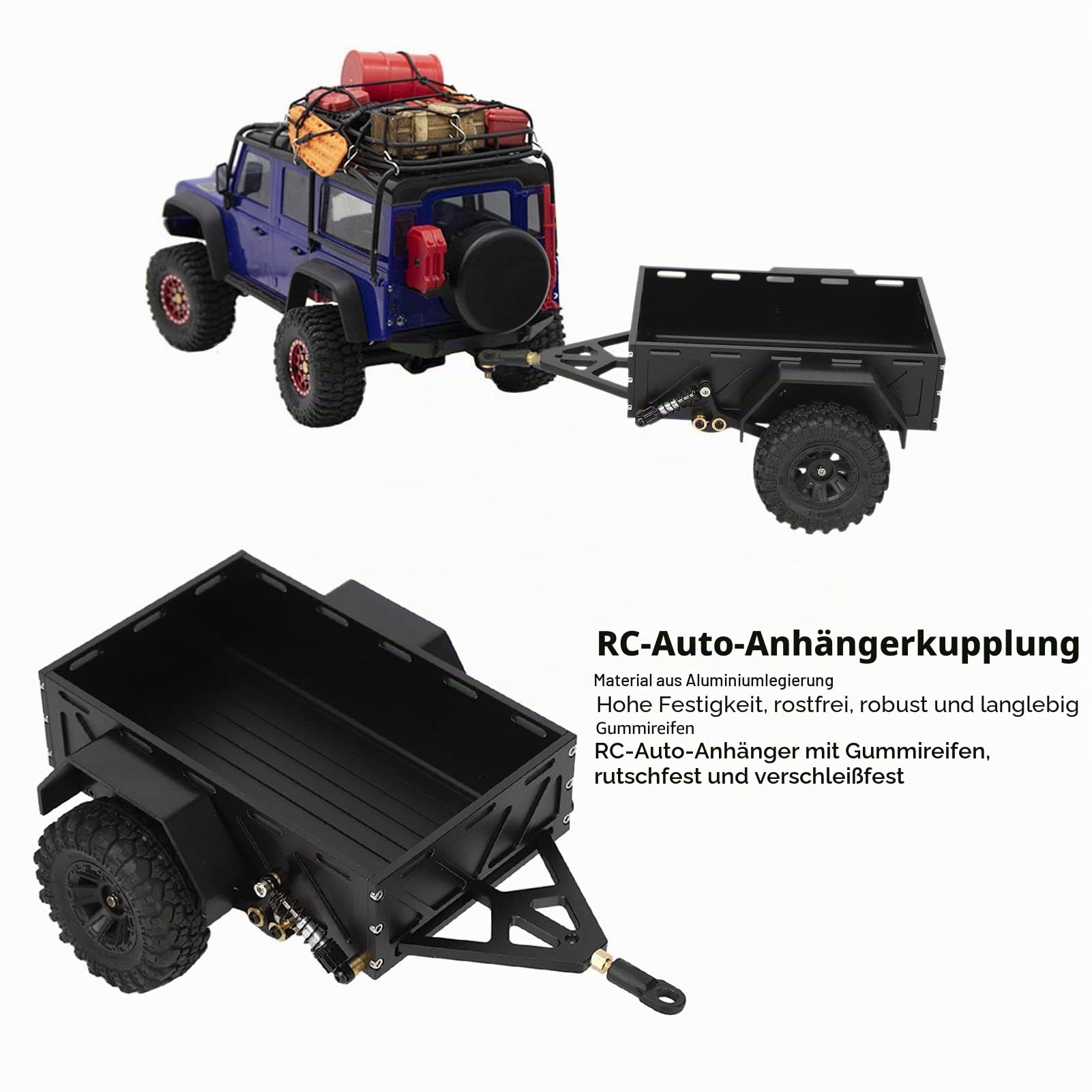 Tonysa 1/18 RC Auto Anhänger, Wasserdichter Hitch Anhänger mit Gummireifen, Fernsteuerbarer Anhänger aus Aluminiumlegierung, Simuliertes Styling für 1/18 RC Fahrzeuge, Schwarz