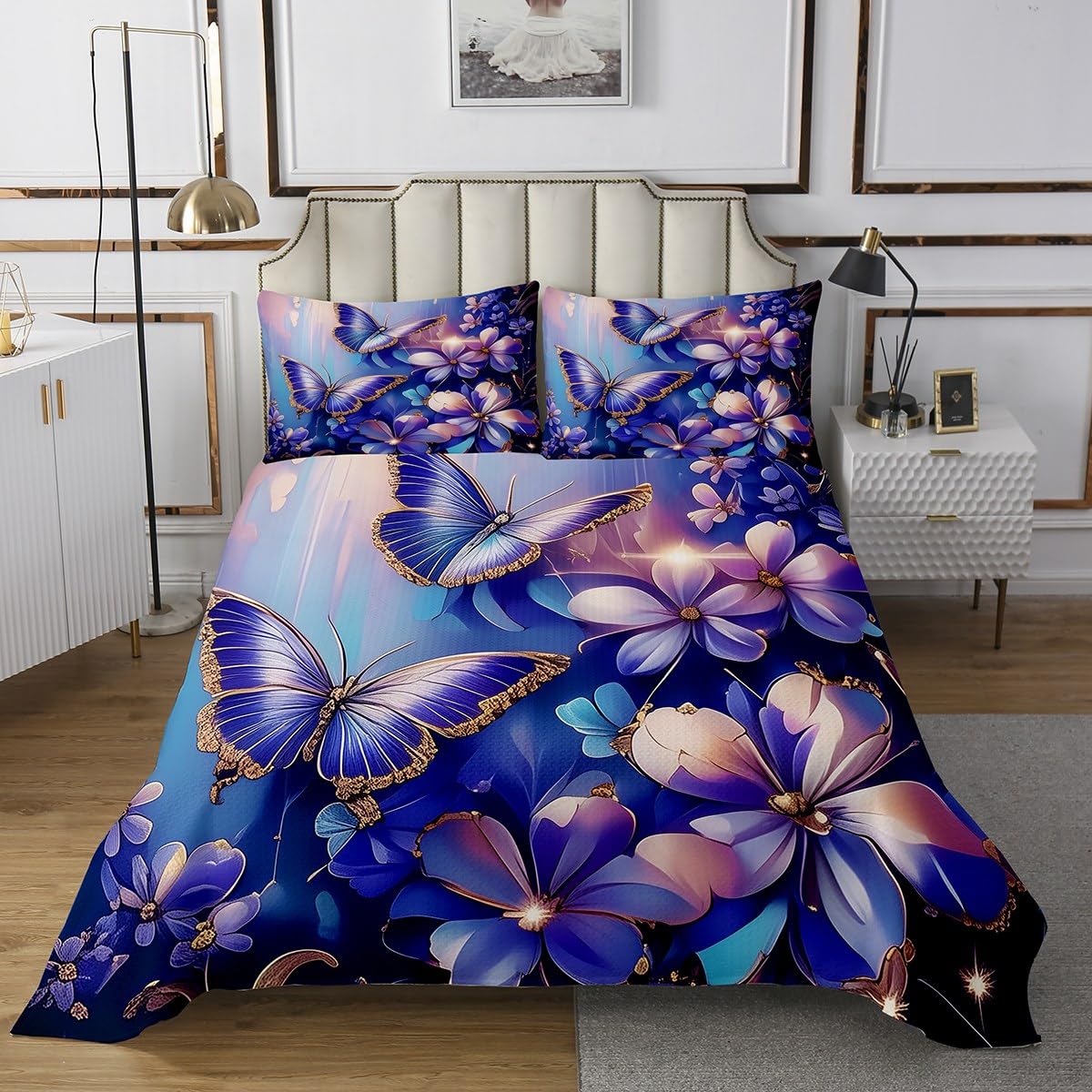 Erosebridal Blue Purple Butterfly Quilt Set Queen Chic Floral Bedspread Set for Kids Boys Girls Modern Abstract Aesthetics Bedspread Sets Elegant Watercolor Flowers Coverlet Set
