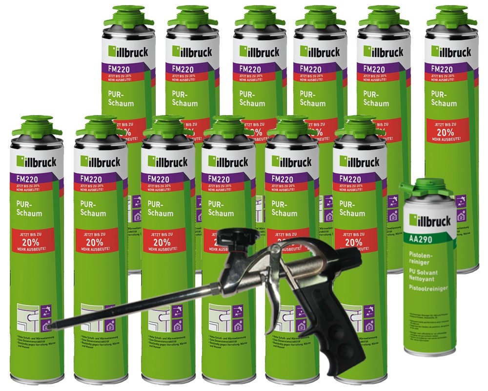 illbruck, set professionale di 12 x FM220, schiuma poliuretanica da 750 ml + detergente illbruck AA290 + pistola per schiuma professionale