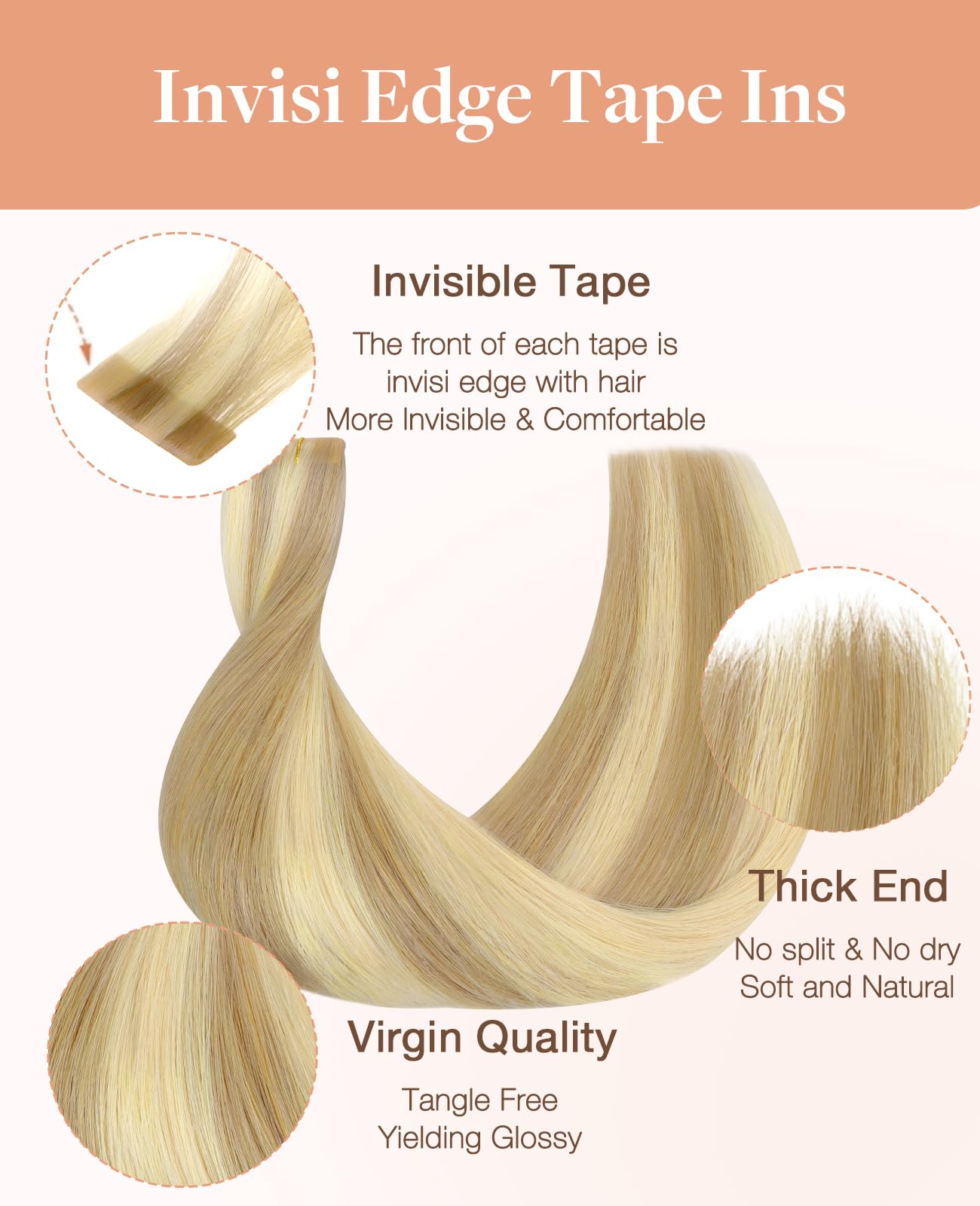 GOO GOO Invisi przedłużki do włosów metodą tape in, 20 sztuk, 50 g, bezszwowe wstrzykiwane, 16/22, jasny blond, rozjaśniony złoty blond