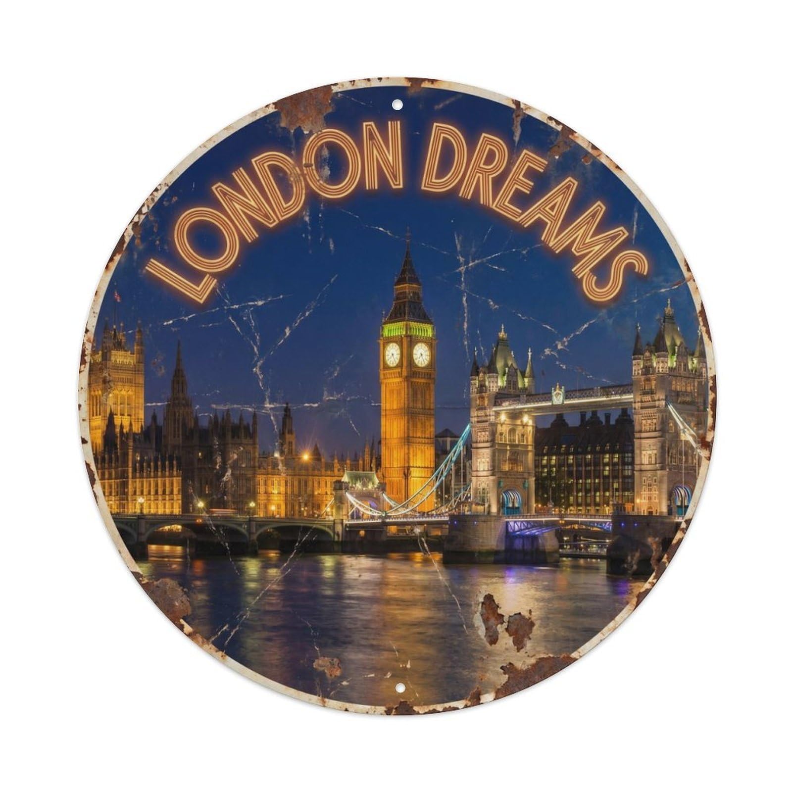 Fqcyn Style Vintage Travel London Night Cityscape Metal Tin Sign
