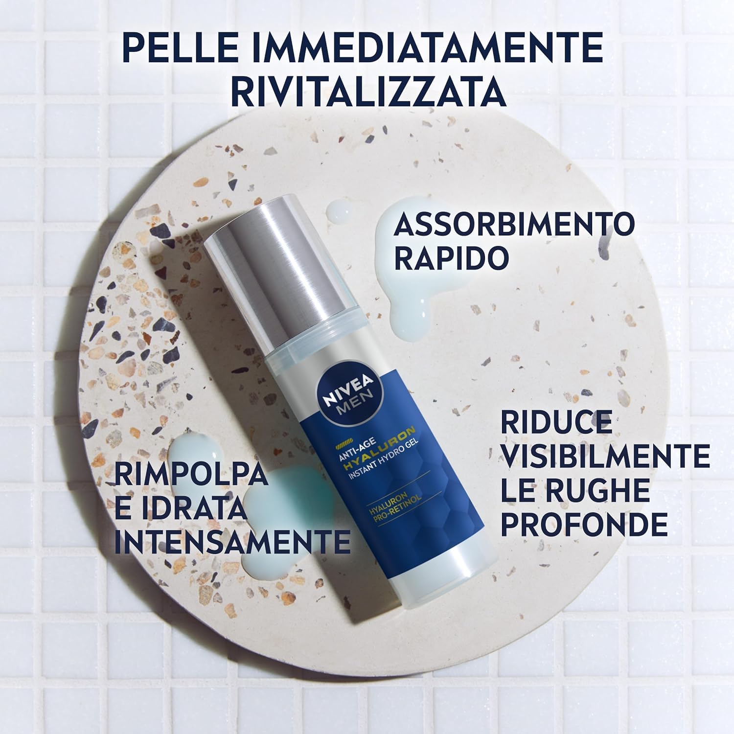 NIVEA MEN Anti-Age Hyaluron Hydro Gel Uomo 50 ml, Crema viso uomo per pelli mature, Crema viso acido ialuronico idratante, rivitalizzante e rinfrescante