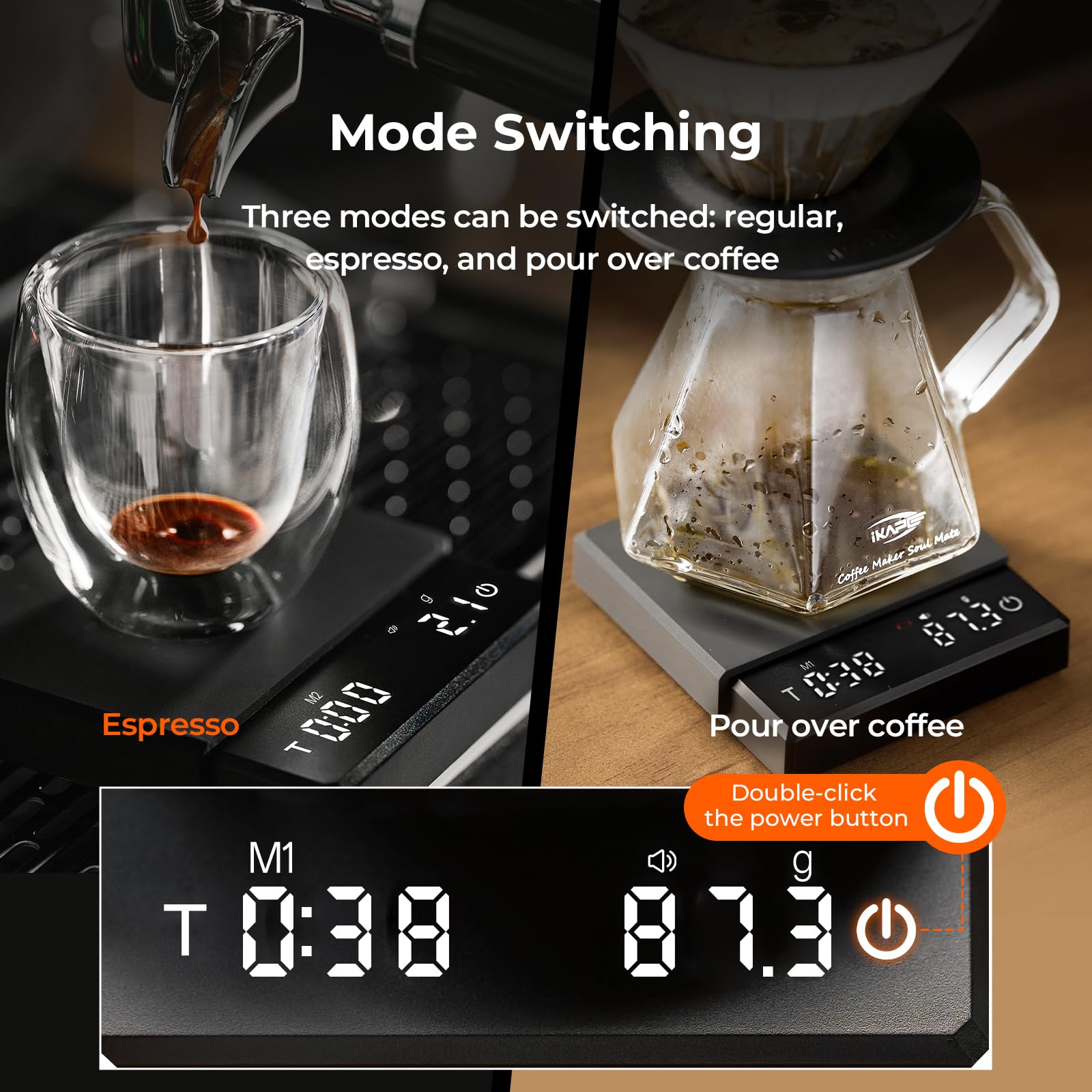 IKAPE Mini báscula digital de café con temporizador, 2 kg/0,1 g, alta precisión, recargable, báscula de cocina con función de tara, pantalla LED