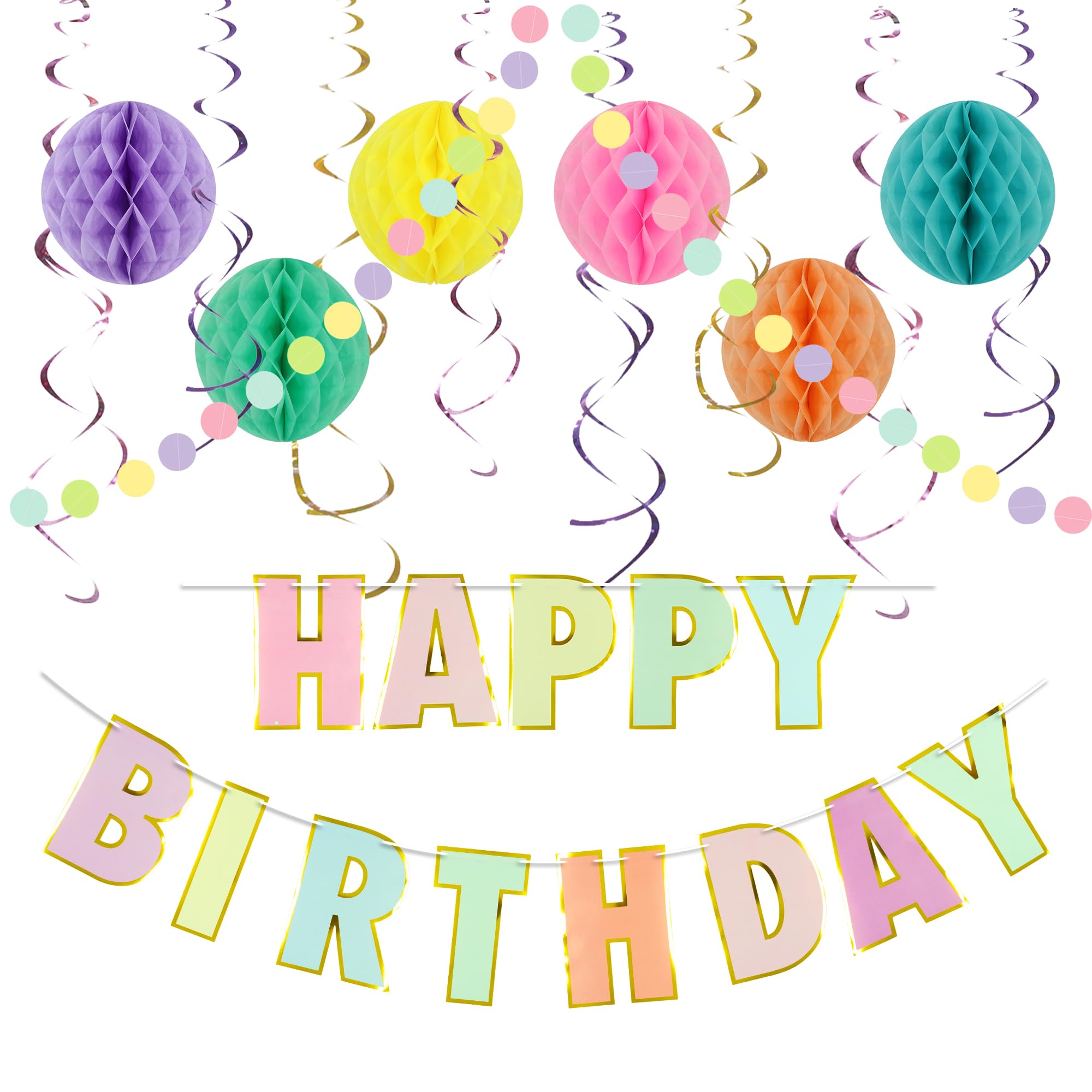 Pastel Birthday Party Decorations, 17 Pcs Macaron Birthday Decor with Birthday Sign, YITOBA Pre-Strung Happy Birthday Banner, Dot Garland, Hanging Streamer, Honeycomb Balls (Colorful)