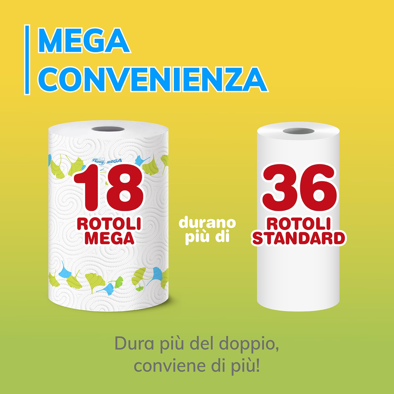 Foxy Mega | Asciugatutto Lunga Durata 18 Rotoli | 95 Strappi Per Rotolo | Decorato| Certificazione PEFC | Confezione Riciclabile Prodotta Con Plastica Riciclata