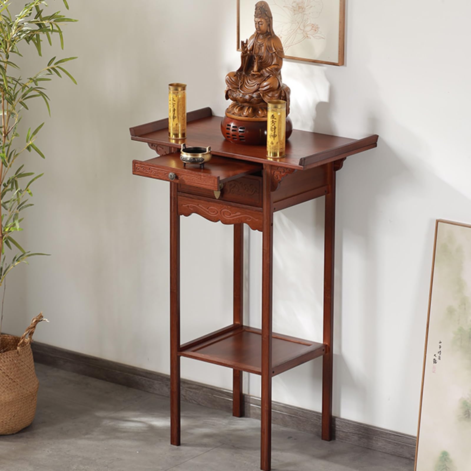 Mensola per Altare Scaffale di Legno Buddista Decorativo Scultura Buddha Tavolo Personale Santuario Altare Tavola(66x40x100cm)