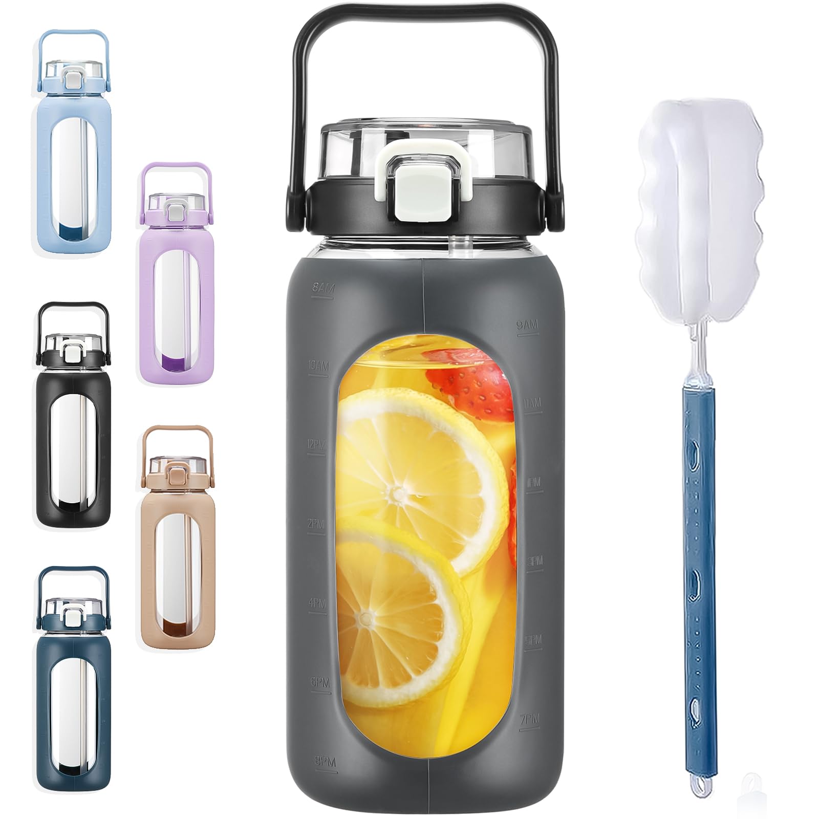 BLUEGO 2000ml Trinkflasche Glas mit Strohhalm und Zeitmarkierung Halbe Gallone Große motivierende Wasserflasche mit Silikonhülle 2 Liter großer Glaswasserkrug für Sport Training, Dunkelgrau