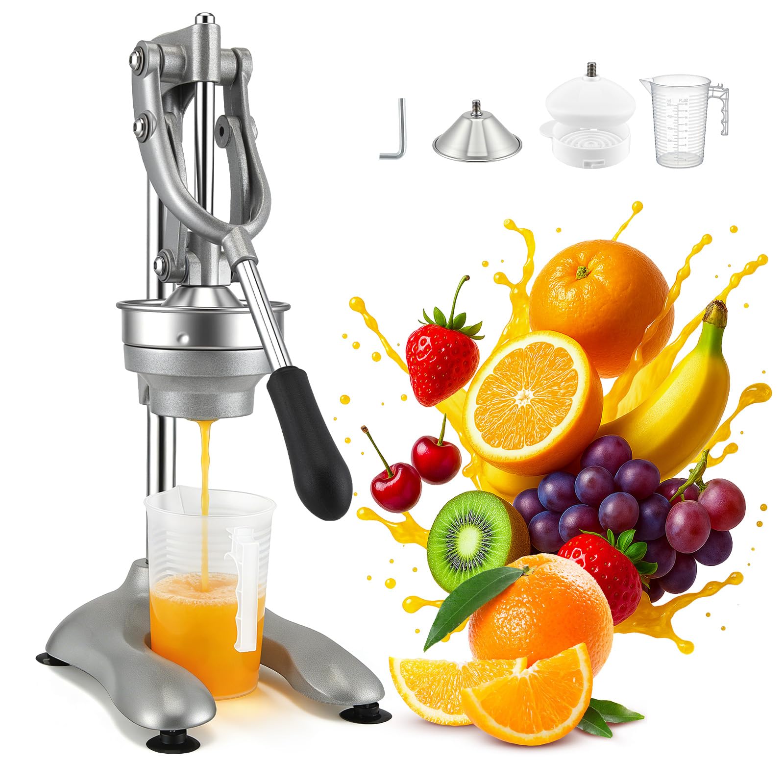 Exprimidor manual XL, prensa profesional para naranjas y cítricos, exprimidor de grado comercial premium, color plata, 25 x 19 x 45 cm con vaso medidor de 500 ml