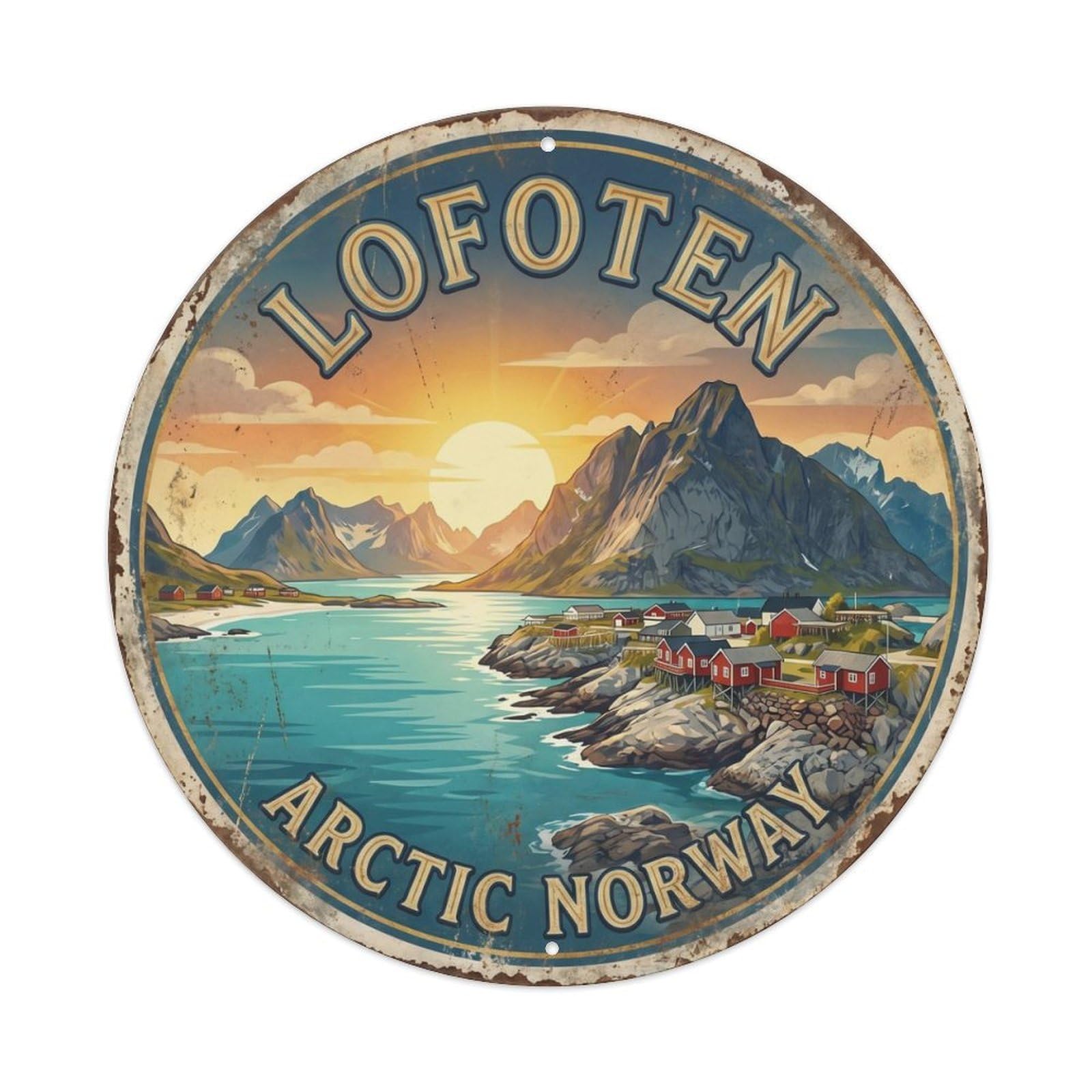Vintage Travel Lofoten Midnight Fjords Metal Tin Sign Plaque Wall Decor for Cafe, Club Bar, Office, Home Garden Round Metal Poster 8x8Inch