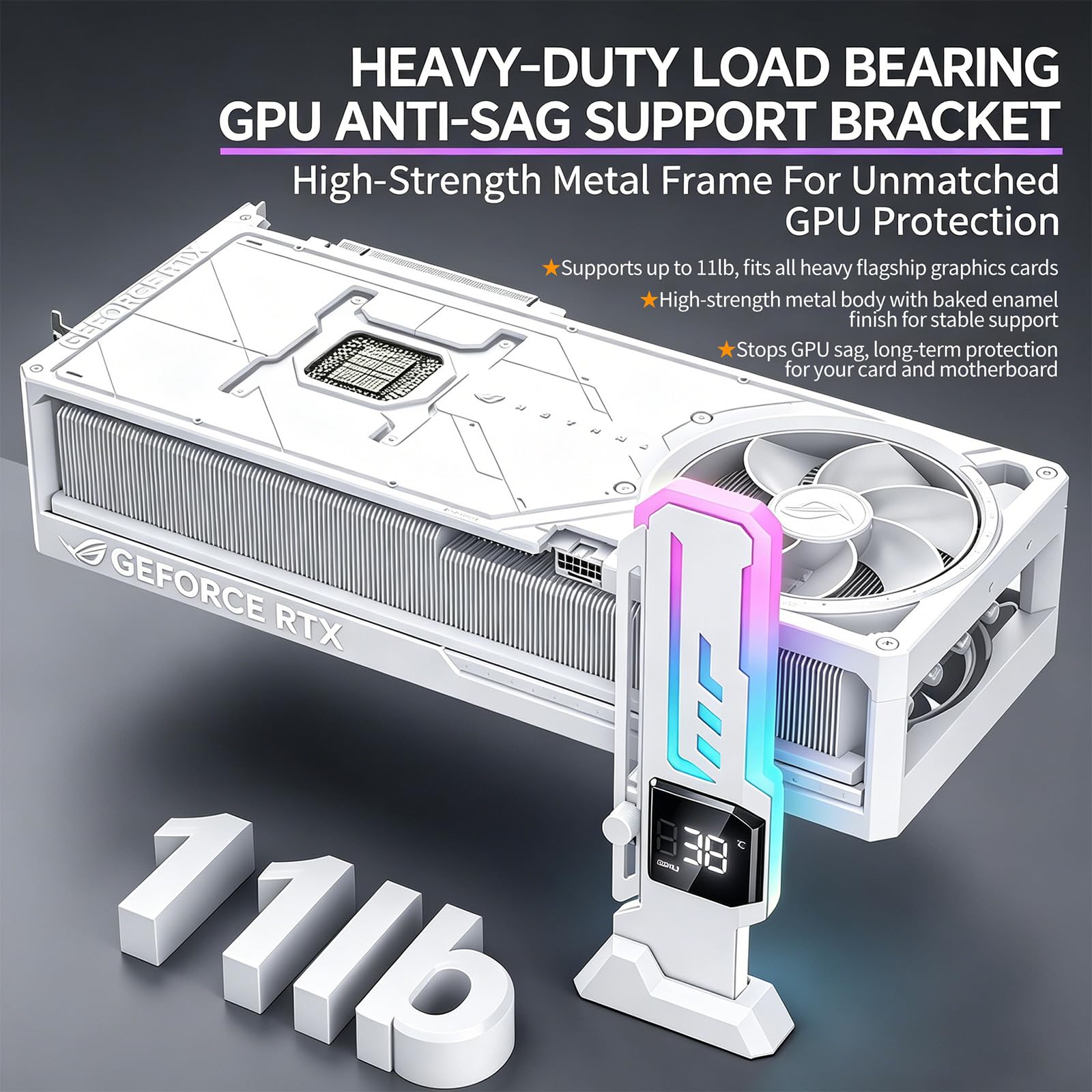 ARGB - Supporto GPU con CPU e GPU Temp/Usage Display, altezza regolabile Anti Sag GPU stand con magnete e base antiscivolo, supporto universale per scheda grafica, supporto per scheda video