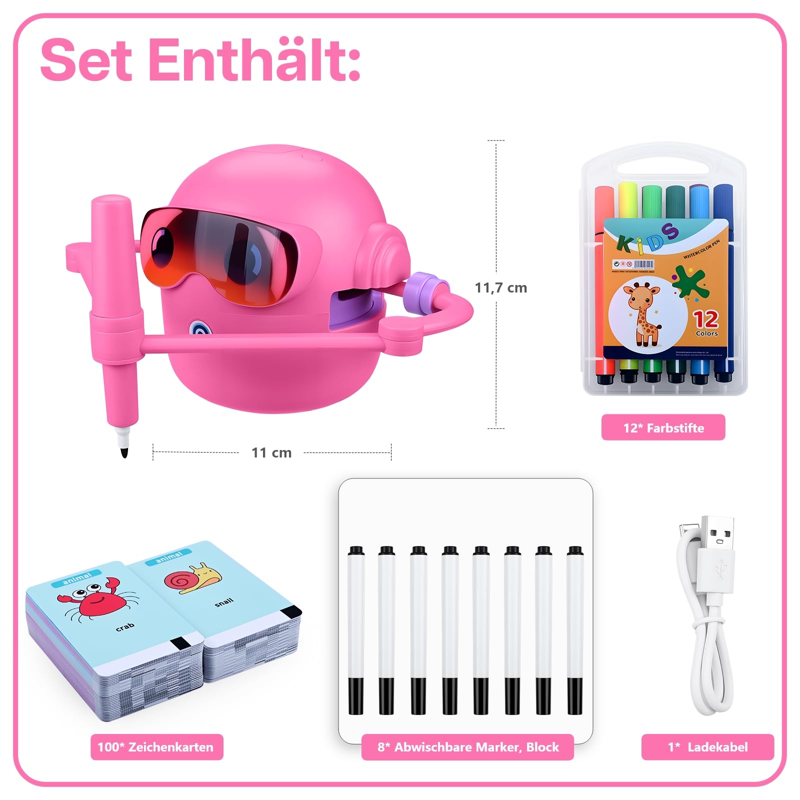 Zeichenroboter für Kinder von MMOBIEL – Malroboter Interaktives Lernspielzeug mit 100 Zeichenkarten, Sprachanleitung, 12 Farbstiften & USB-C Akku – Kreatives Geschenk für Kinder von 3–9 Jahren – Rosa