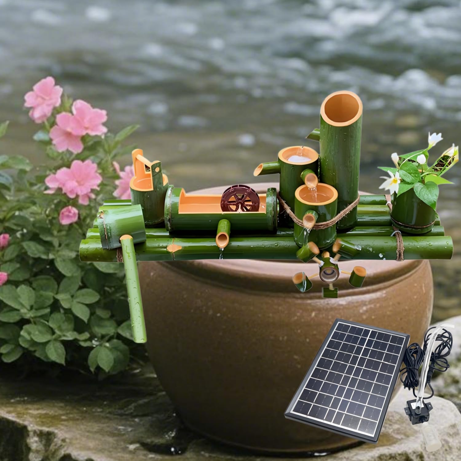 Fontanna solarna z pompą 70 cm, japońska bambusowa fontanna solarna z podwójnym kołem wodnym, zewnętrzne fontanny bambusowe do oczek wodnych, stawów rybnych, ogrodu i na dziedzinie