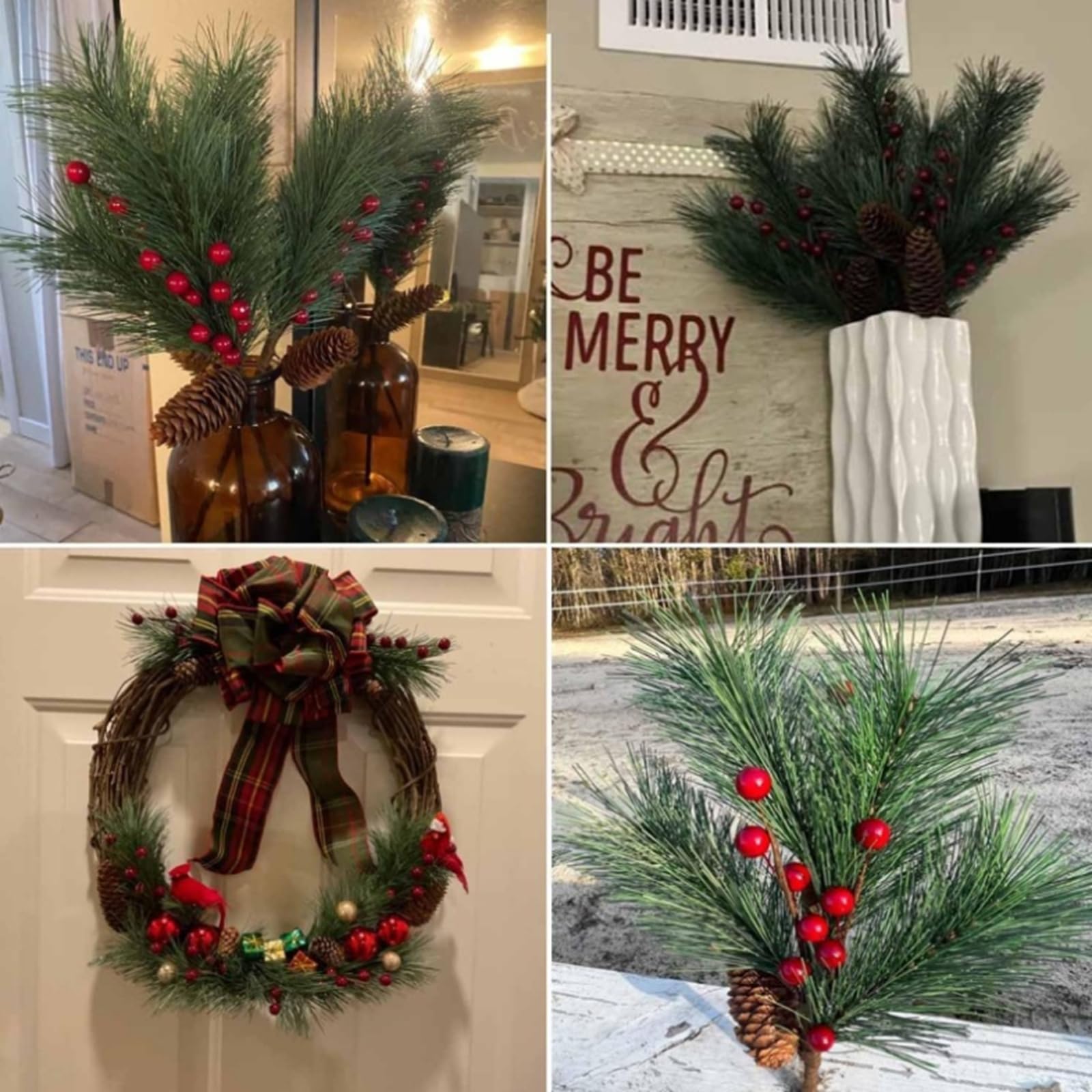 Künstliche Tannenzweige mit roten Beeren & Zapfen,Lange Deko Zweige 40cm,Weihnachtszweige für DIY Kranz,Girlande, Adventskranz,Weihnachtsbaum,Tischdeko,Handwerk Deko (12 Stück)
