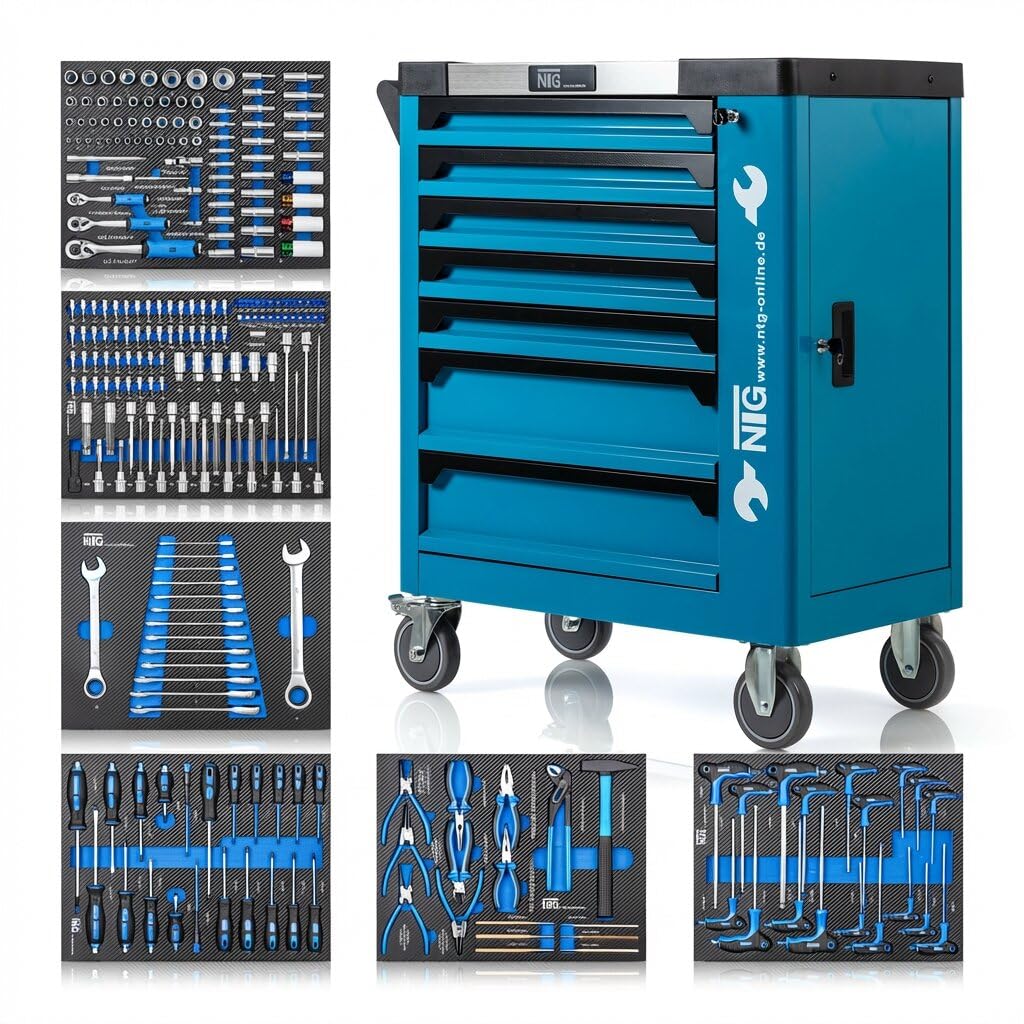 NTG Chariot à outils + outils + 7 tiroirs, 252 pièces, verrouillable, dont 6 avec outils, avec inserts souples en aspect carbone, tiroirs remplis, servante d'atelier, boîte à outils