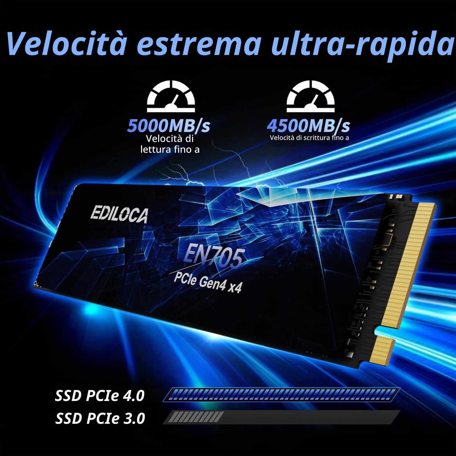Ediloca EN705 SSD 4TB PCIe Gen4, NVMe M.2 2280, 3D NAND QLC, fino a 5000 MB/s, unità a stato solido interna, cache SLC dinamica, compatibile con PS5, laptop e PC desktop