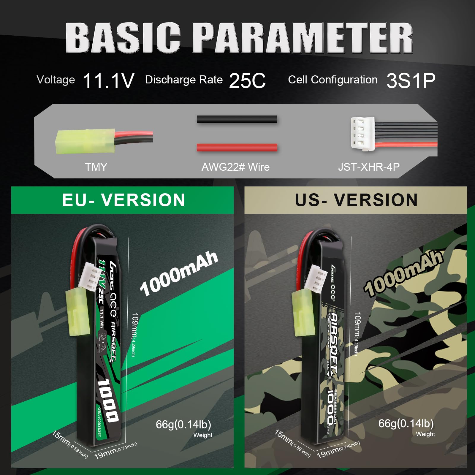 Gens ace 3S 25C 1000 mAh 11,1 V 3S1P akumulator Lipo Airsoft do ponownego ładowania z wtyczką Mini Tami-Ya, do broni Airsoft, łożysk LE, takich jak M4 itp