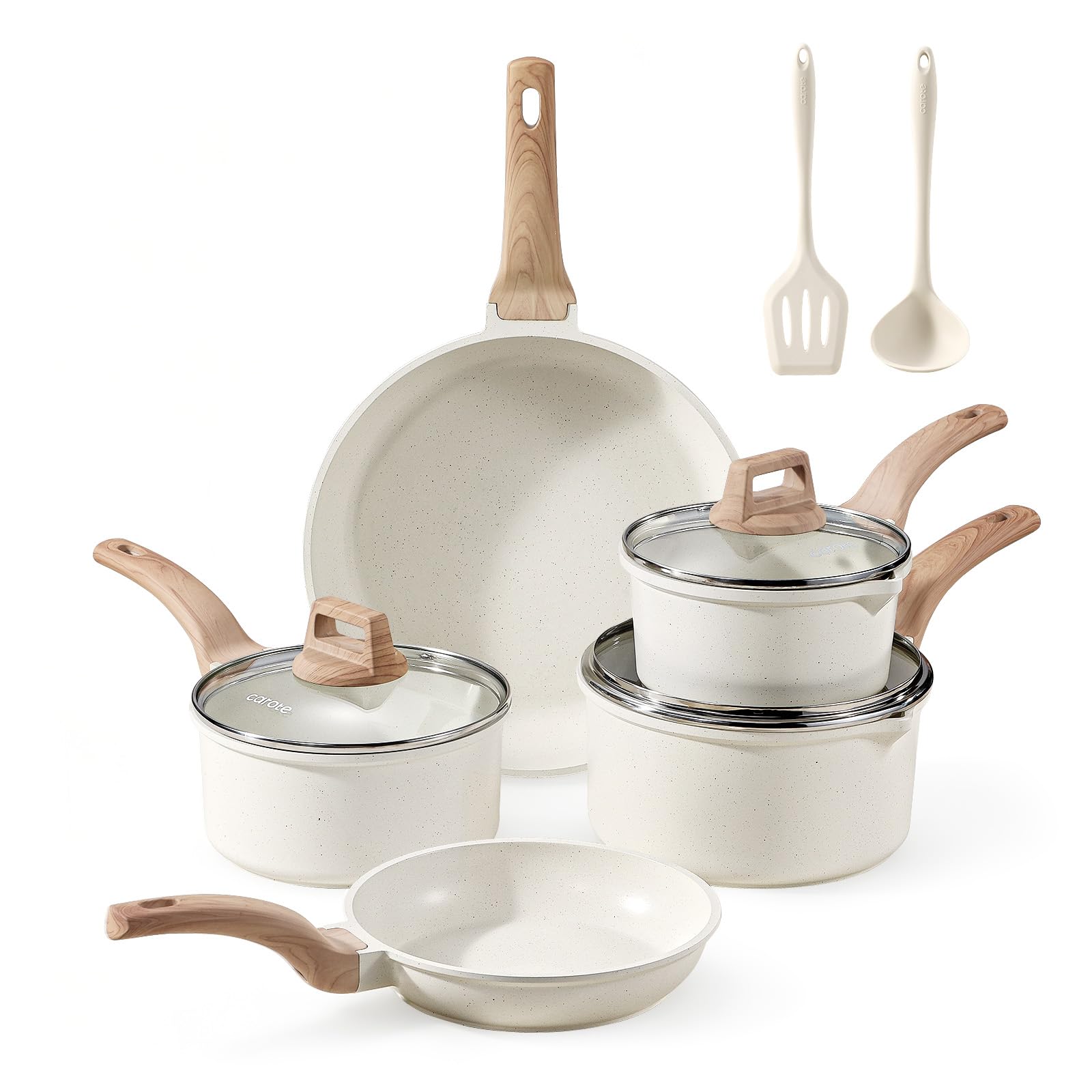 CAROTE 10-Piece Nonstick Pots and Pans Set, Marble-Effect Coating with Lids&Utensils, PFOS & PFOA Free, Suitable for All Hobs Include Gas & Induction（Cream White）