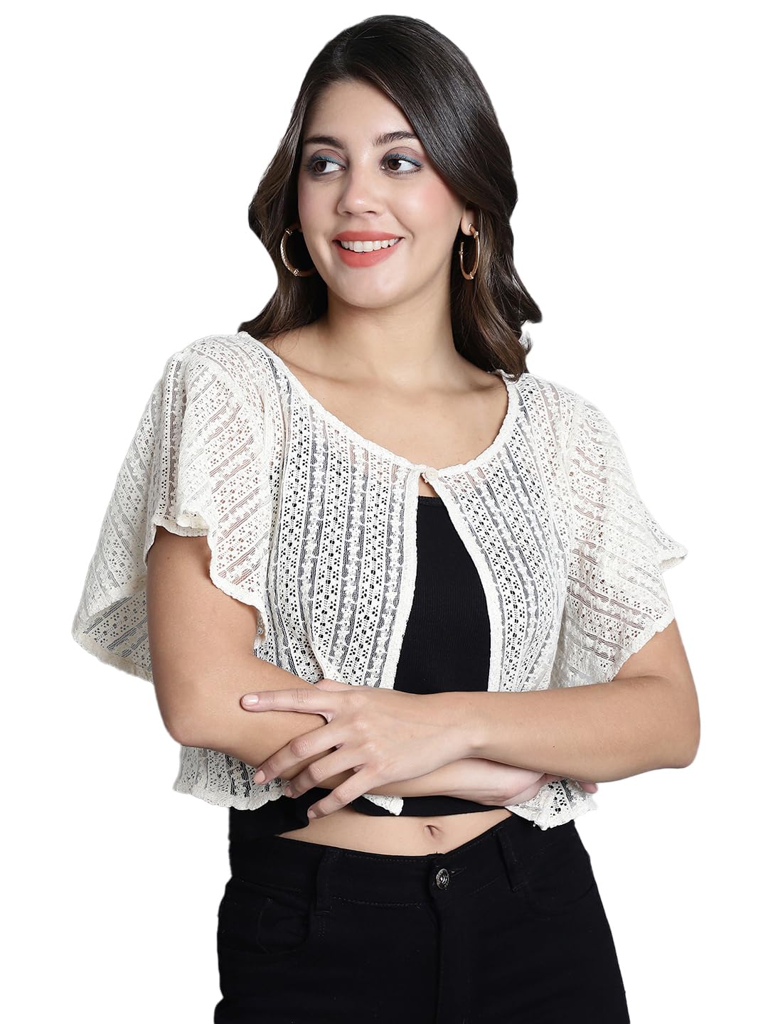 dressitude Women Cotton Self Design Front Open Flared Sleeves Lace Regular Round Shrug-picture-47