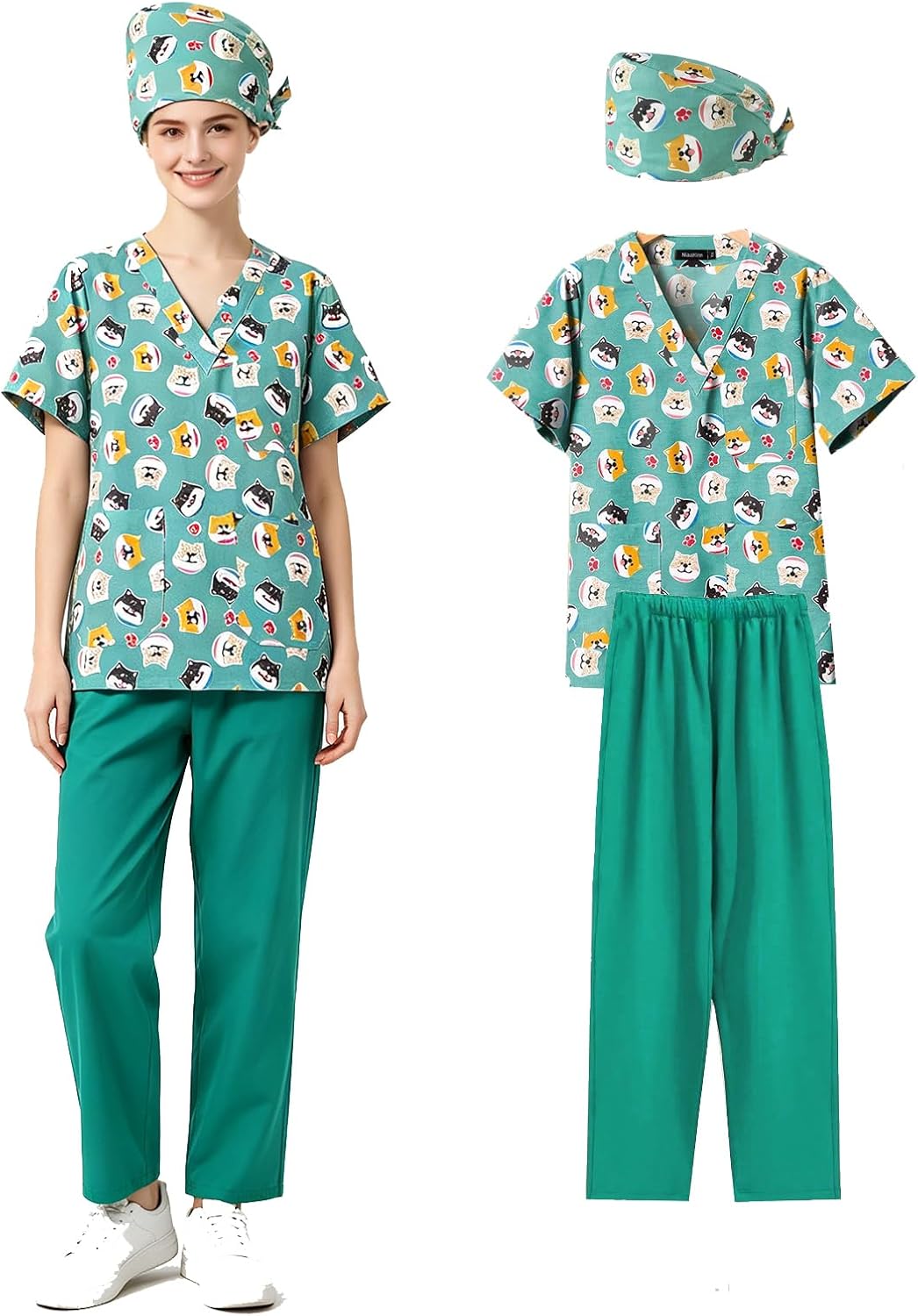3Pcs Unisex Scrubs set with cute printed V-neck tops Scrub Pants Cap,soft, casual nurse uniform with multi-pockets
