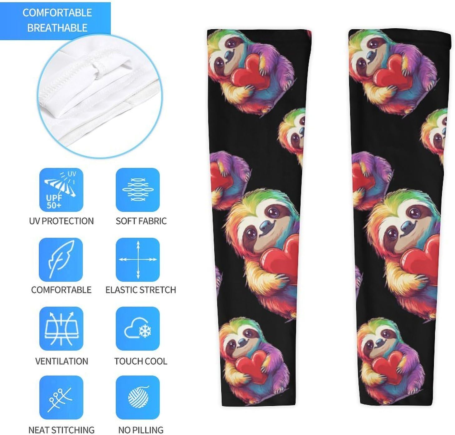 Colorful Sloth Heart Arm Sleeves Sun Protection Sleeves Sports Cooling Arm Compression Sleeve for Men Women