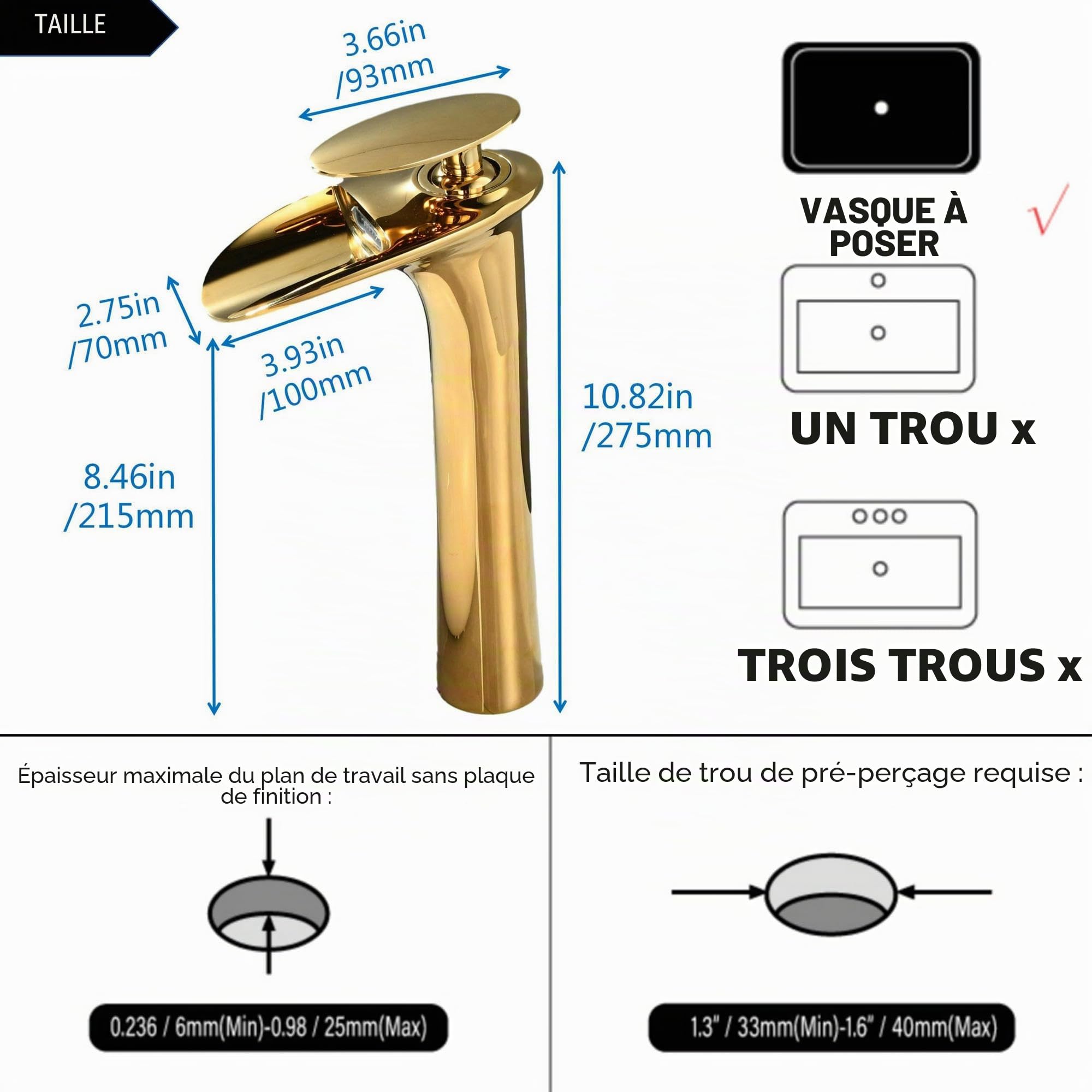 Mitigeur de Lavabo Cascade Doré: Robinet Salle de Bain Haute - Robinet pour Vasque - Robinettrie Or en Laiton SHUNLI