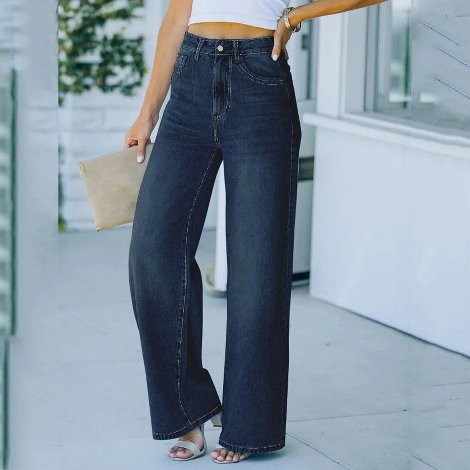 Generisch Wide Leg Jeans da donna dritti stretch a vita alta, eleganti jeans da donna vintage Y2K Streetwear basic casual jeans grandi taglie da jogging baggy jeans pantaloni outdoor con tasche
