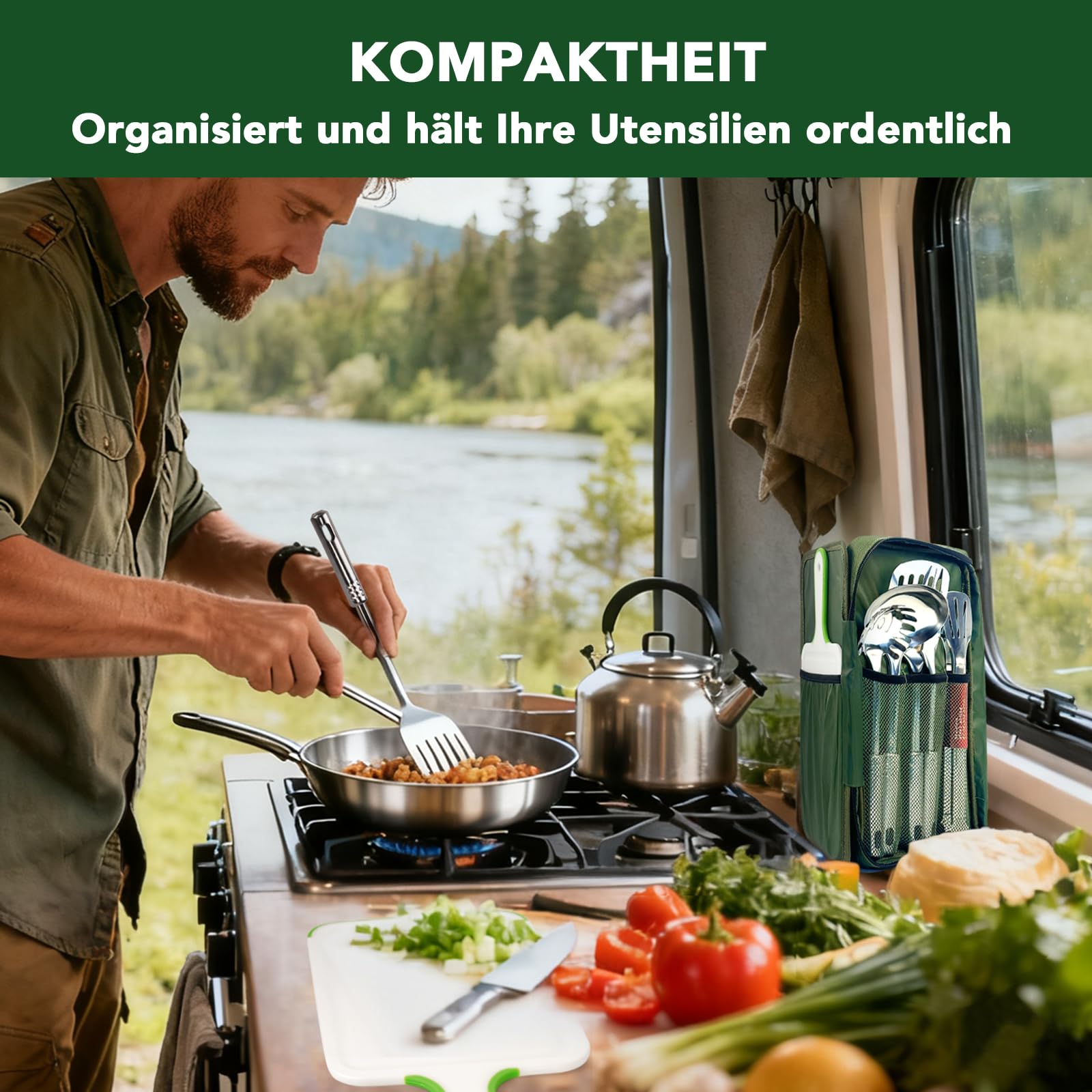 E EASTSTORM Camping Küchenhelfer Set mit wasserdichte Tasche,Camping Geschirr,Klein und Tragbar,Geeignet für Outdoor,Bergsteigen,Wandern,Camping Set für Rucksäcke, Dunkelgrün