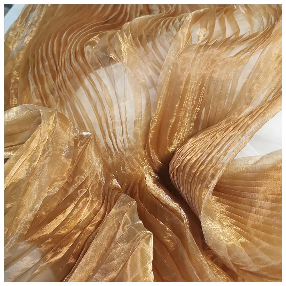 Pleated Tulle Fabric Magic Color Laser Plisse Fabric Accordion Crimping Wrinkle Sewing Material for Dress 150cm 59" Width M102F1 (Gold Coffee)