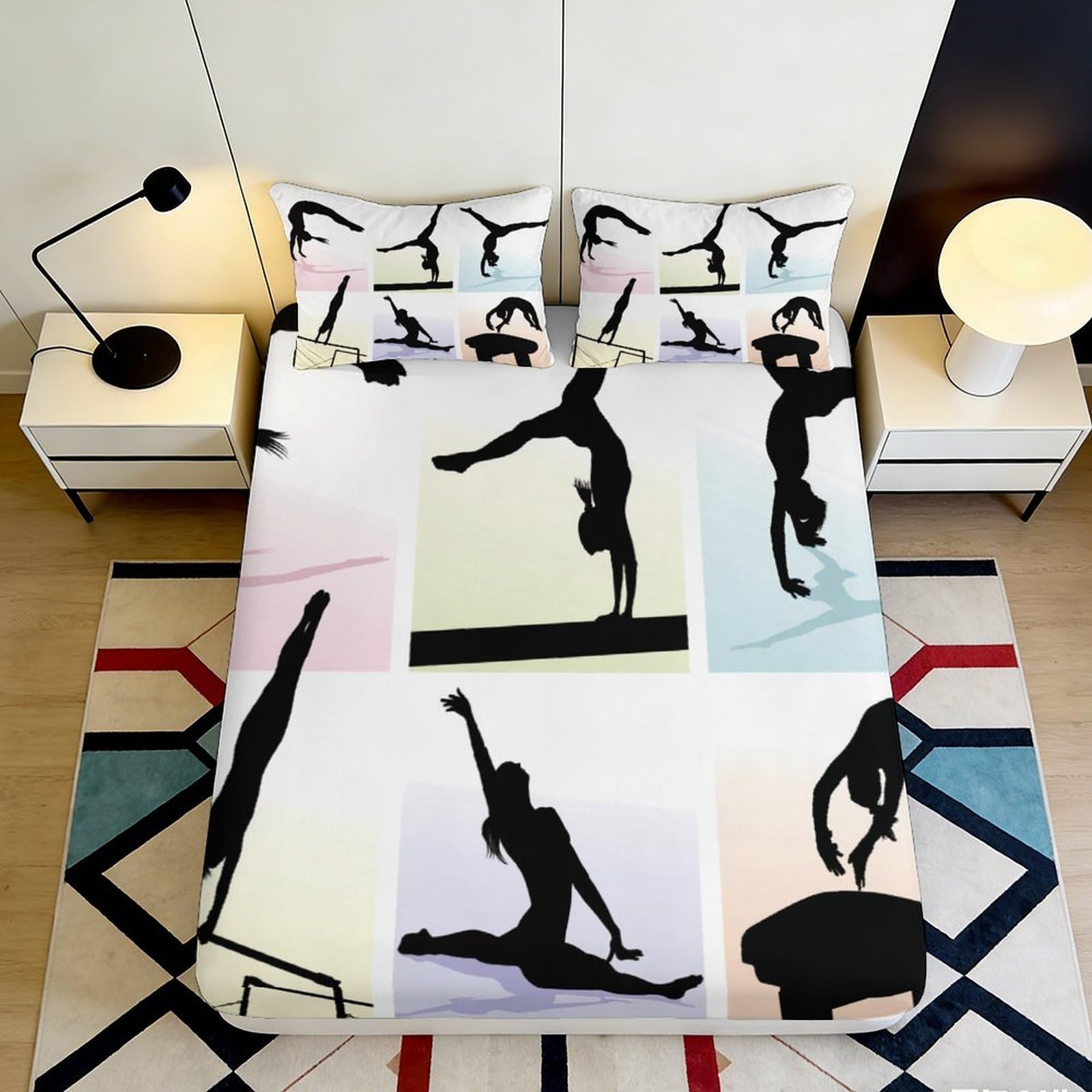 3D Printed Gymnastics Silhouette Fitted Sheet Microfiber Artistic Athlete Mattress Cover Non-Slip for Bedroom Guest Room Decor, Easy Care 90x200x25cm