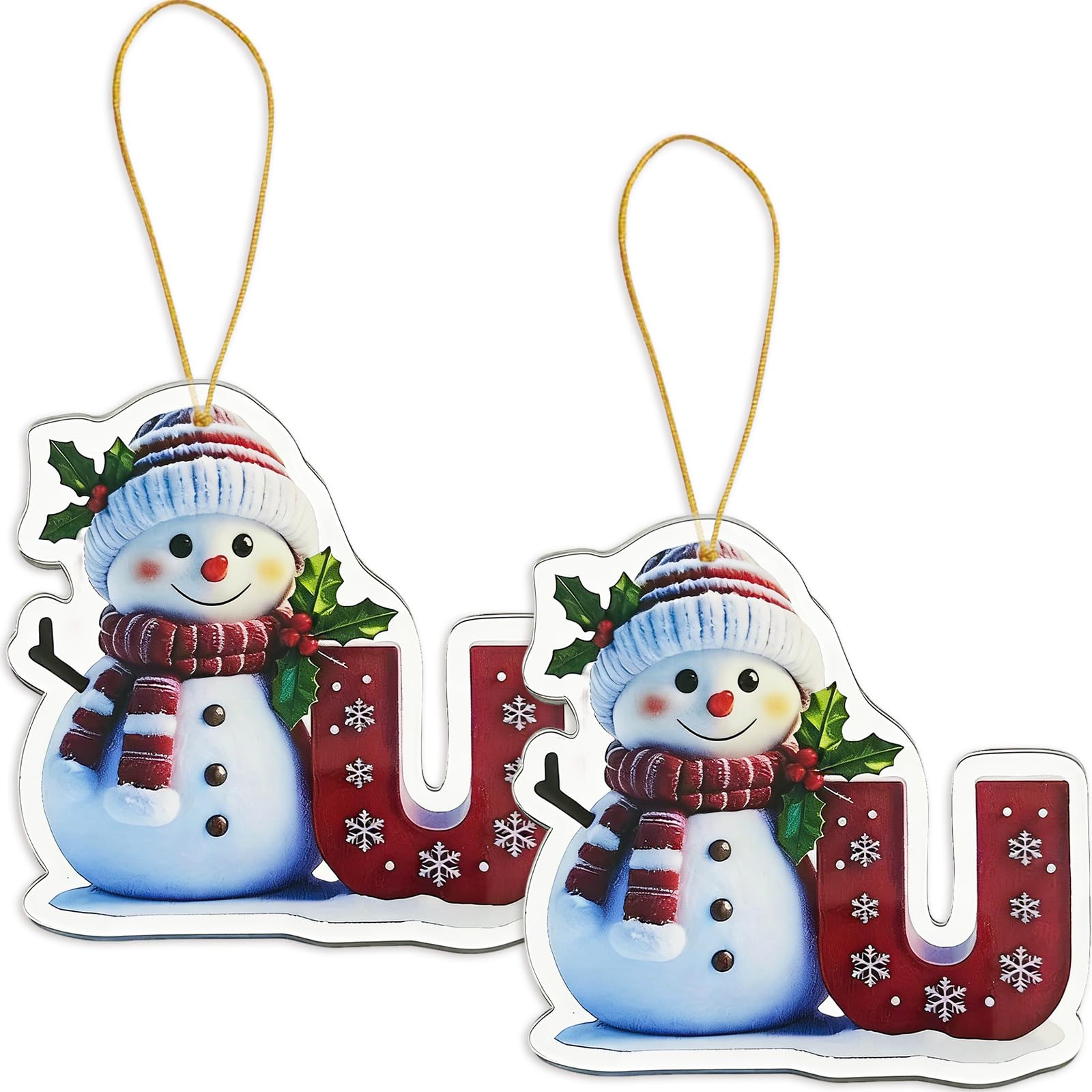 FAMINESS 2PCS 2D Acrylic Letter U Snowman Christmas Ornaments - 26 Alphabet Tree Decorations Hanging Ornaments for Party Gifts