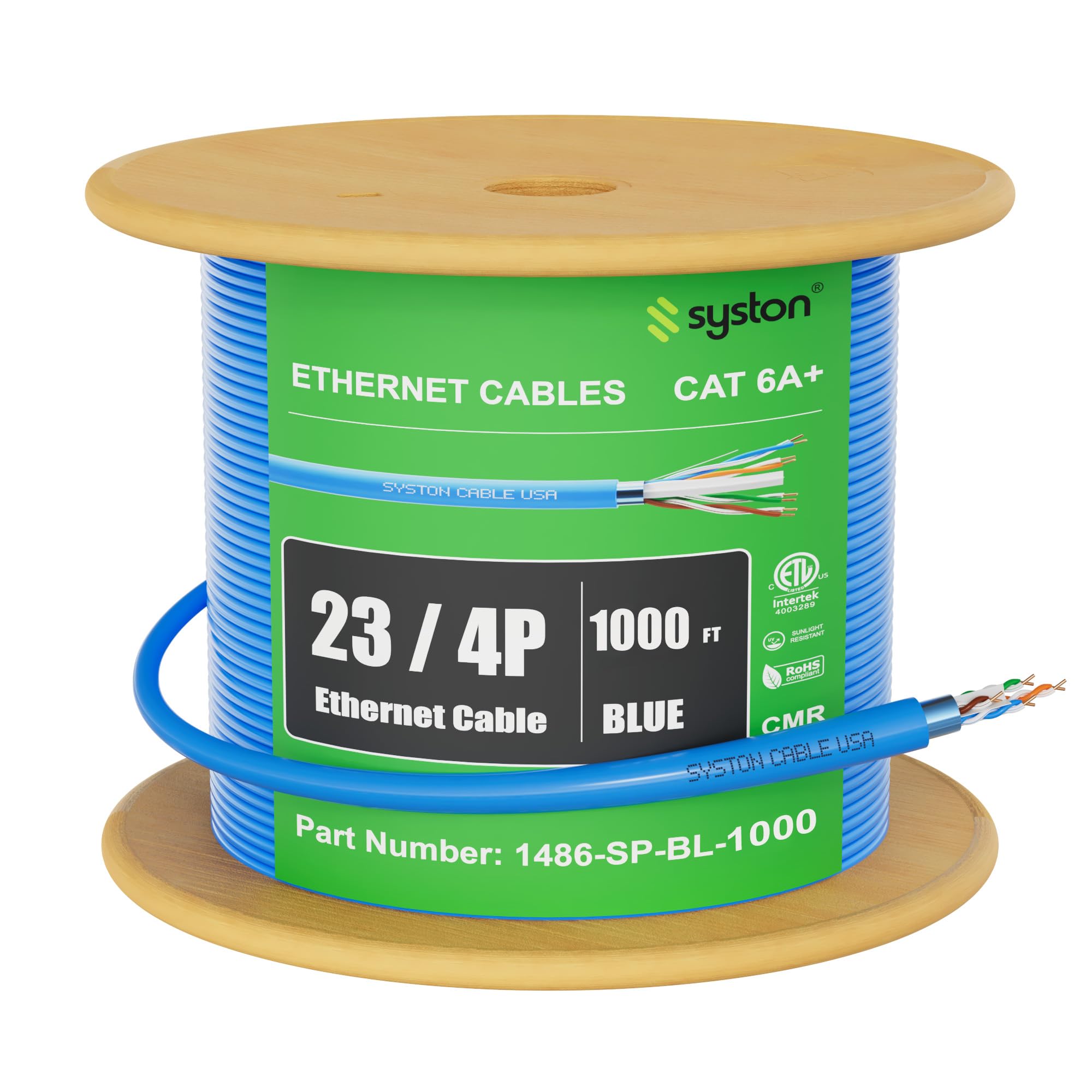 Syston - Cavo di rete Ethernet CAT 6A+ schermato CMR/CL2R/FT4/Riser-Rated, 23 AWG a doppino intrecciato schermato F/UTP 750 MHz, conforme RoHS, senza estremità, disponibile da 6,1 m a 304,8 m