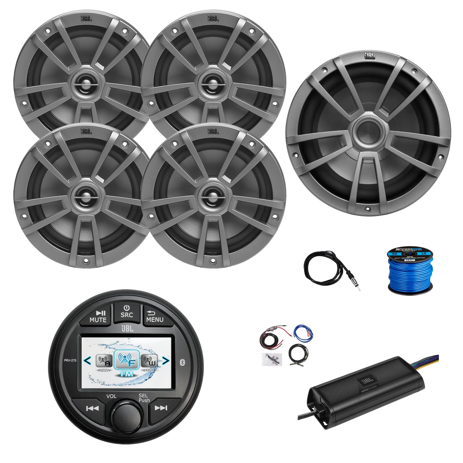Marine Gauge Style Bluetooth AM/FM/WB Radio, 4X 6.5 180 Watt 2-Way Multi-Element Audio Speakers (Gray), Wire, Antenna, 10