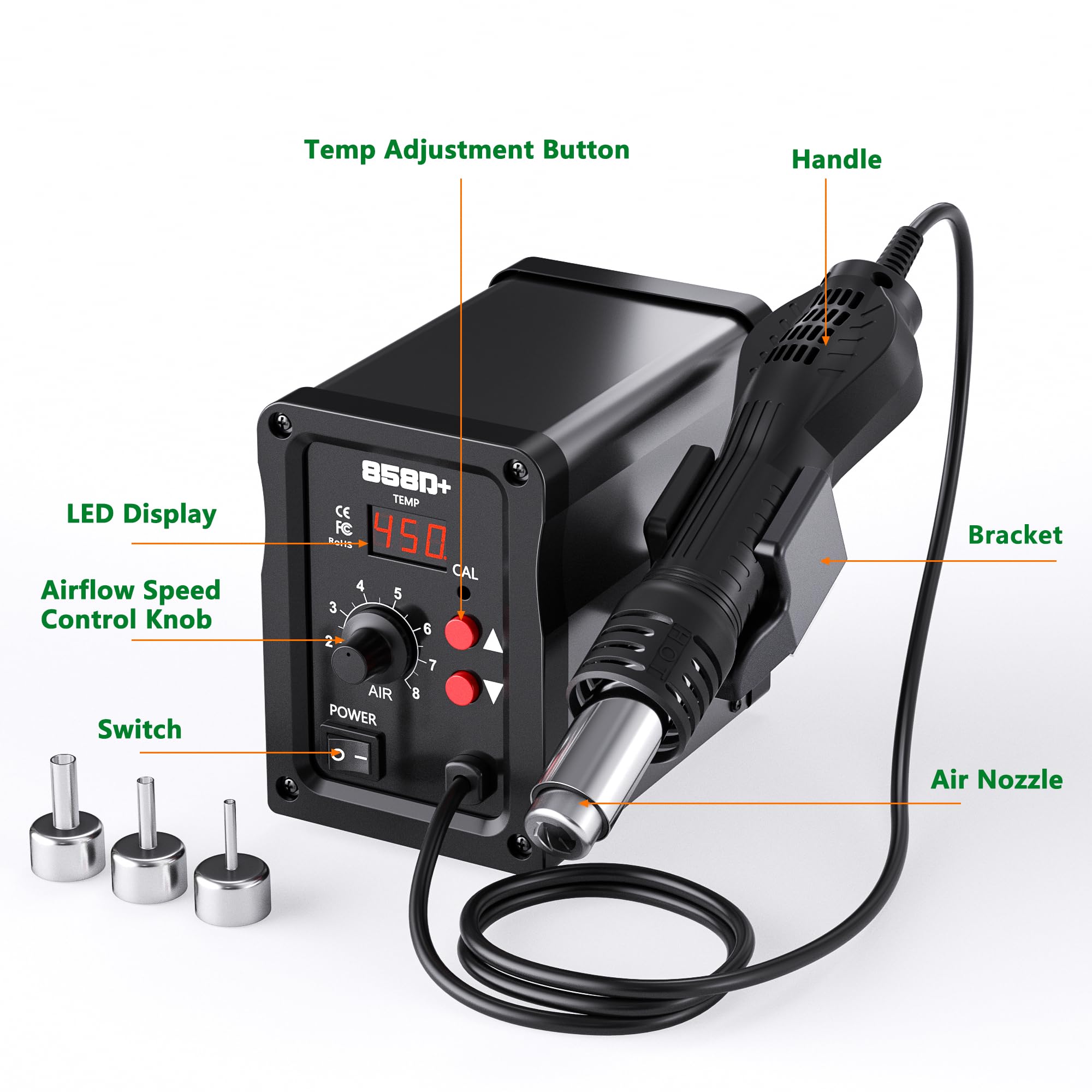 Stazione di Saldatura ad Aria Calda da 700 W, 858D Hot Air Rework Station con Display LED, 3 Ugelli, Temperatura Regolabile da 100 a 450 °C, Stazione Dissaldante SMD per Fai da Te, Ritocchi e Ripara