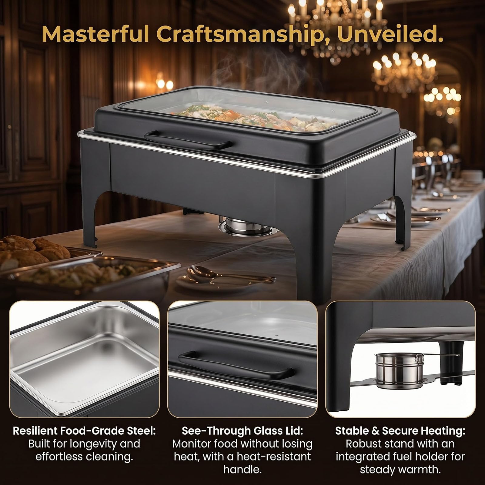 Buffetwärmer für Catering Party, Chafing Dish Profi Set, Mahlzeit Chafing