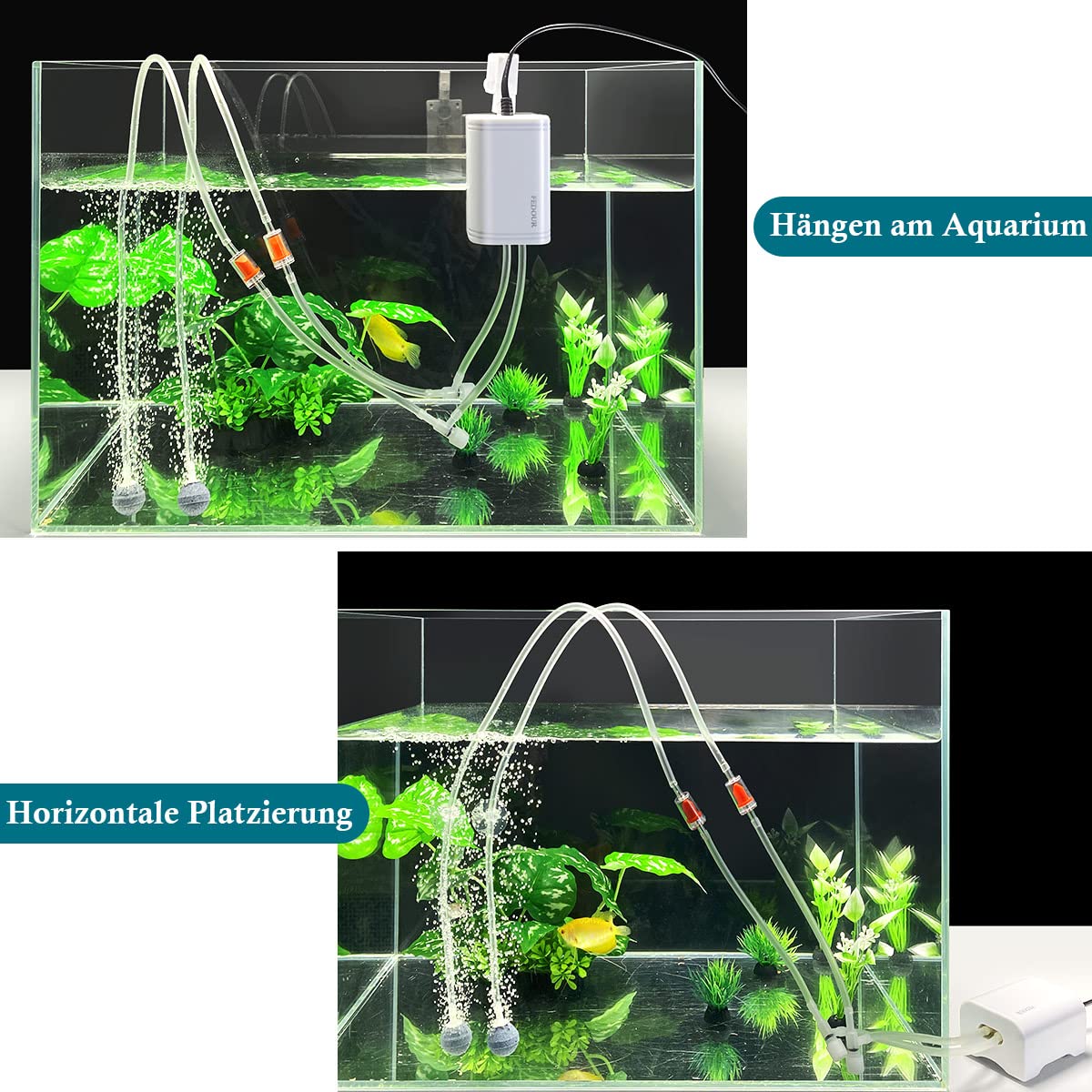 FEDOUR 1,5 W kleine aquariumluchtpomp: 72 lph, stil, één luchtuitlaat, luchtpomp voor aquaria, met accessoires