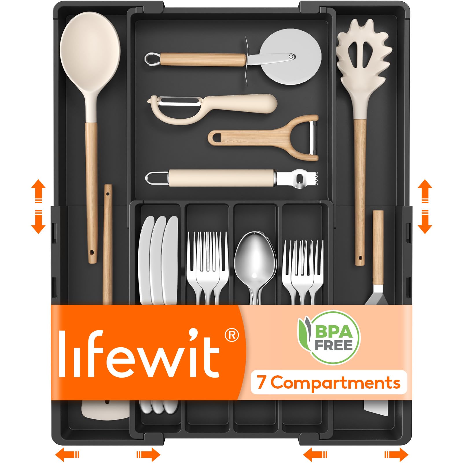 Lifewit Cutlery Drawer Organiser, Adjustable Cutlery Tray for Kitchen, Expandable Utensil Holder, Tableware Flatware Silverware Knife & Fork Organiser, 22.6-36 x 28.7-49.2 x 4.4 cm, Black