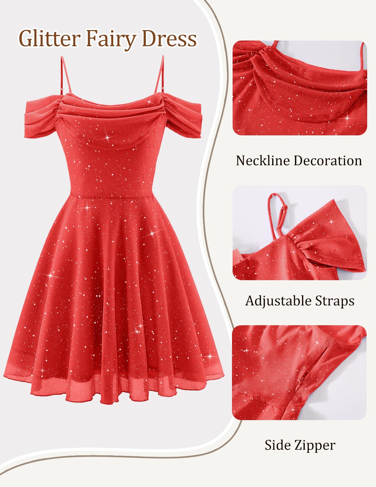 Meetjen Robe de bal scintillante pour femme - Épaules dénudées - Robe courte en tulle avec bretelles spaghetti