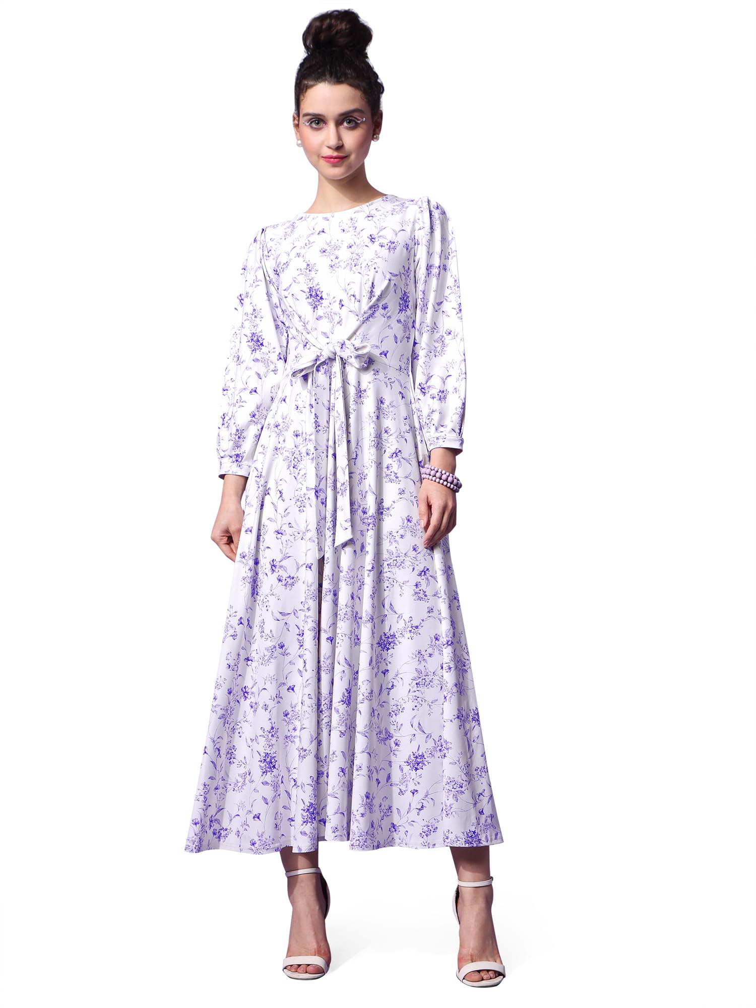 Purvaja Womens Flare Maxi Length Dress (Wini-034-Bloom_White_Medium)