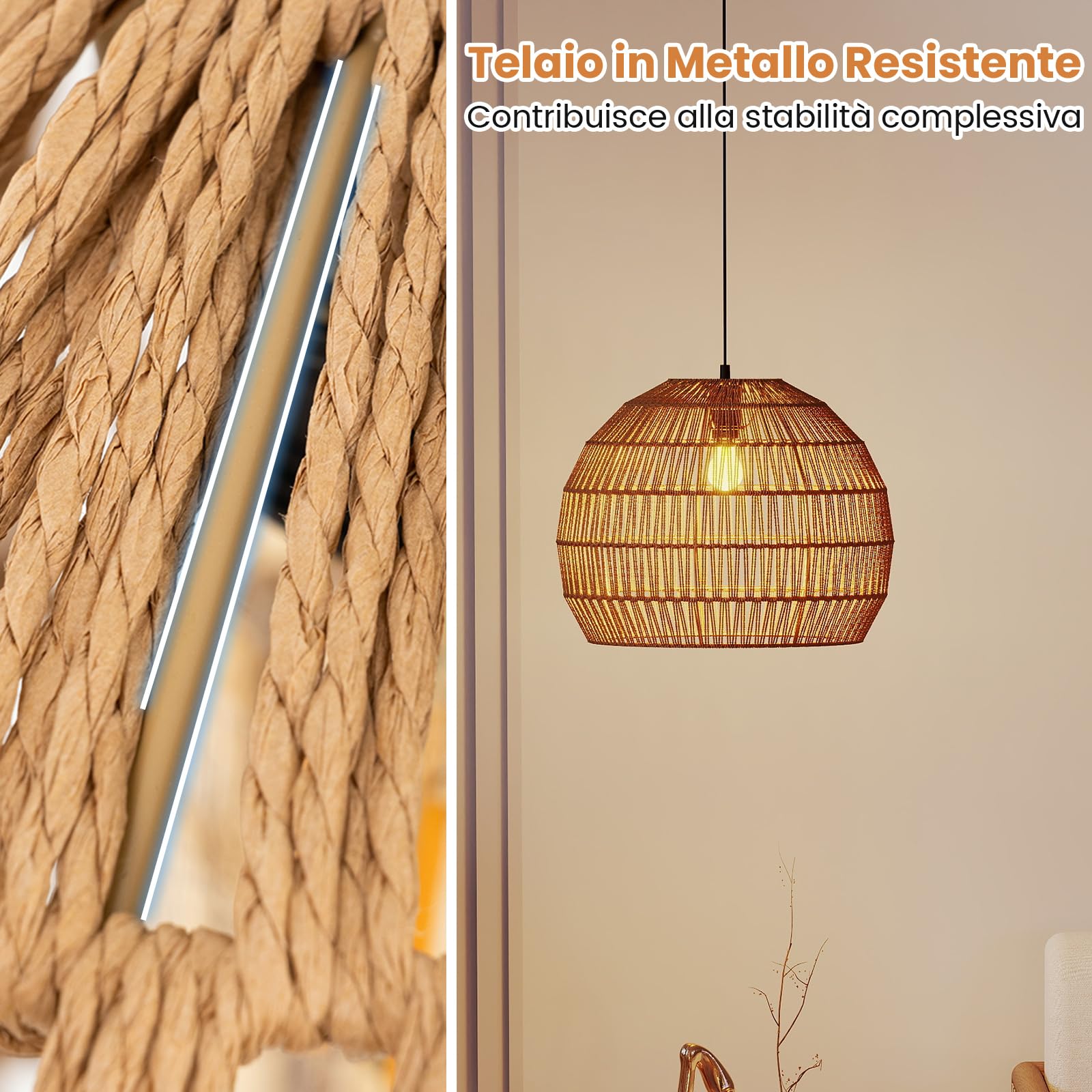 RELAX4LIFE Lampadario a Sospensione, Lampadario Soggiorno con Effetto Rattan Sintetico, Struttura in Metallo, Sile Boho, Lampada da Soffitto per Camera da Letto e Sala da Pranzo (Marrone)