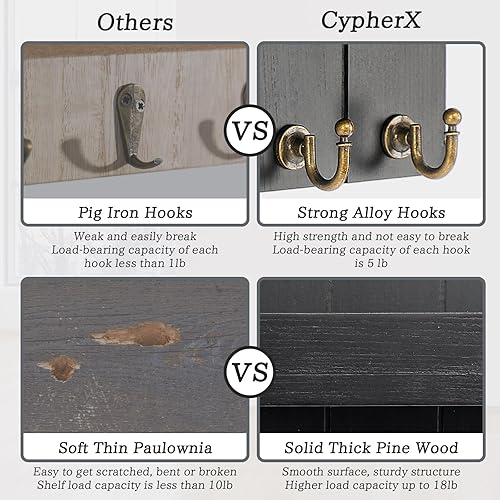 Miniatura 5 de CypherX Soporte para llaves de pared, soporte decorativo para llaves y correo para pared con estante, organizador de llaves de madera de pino maciza