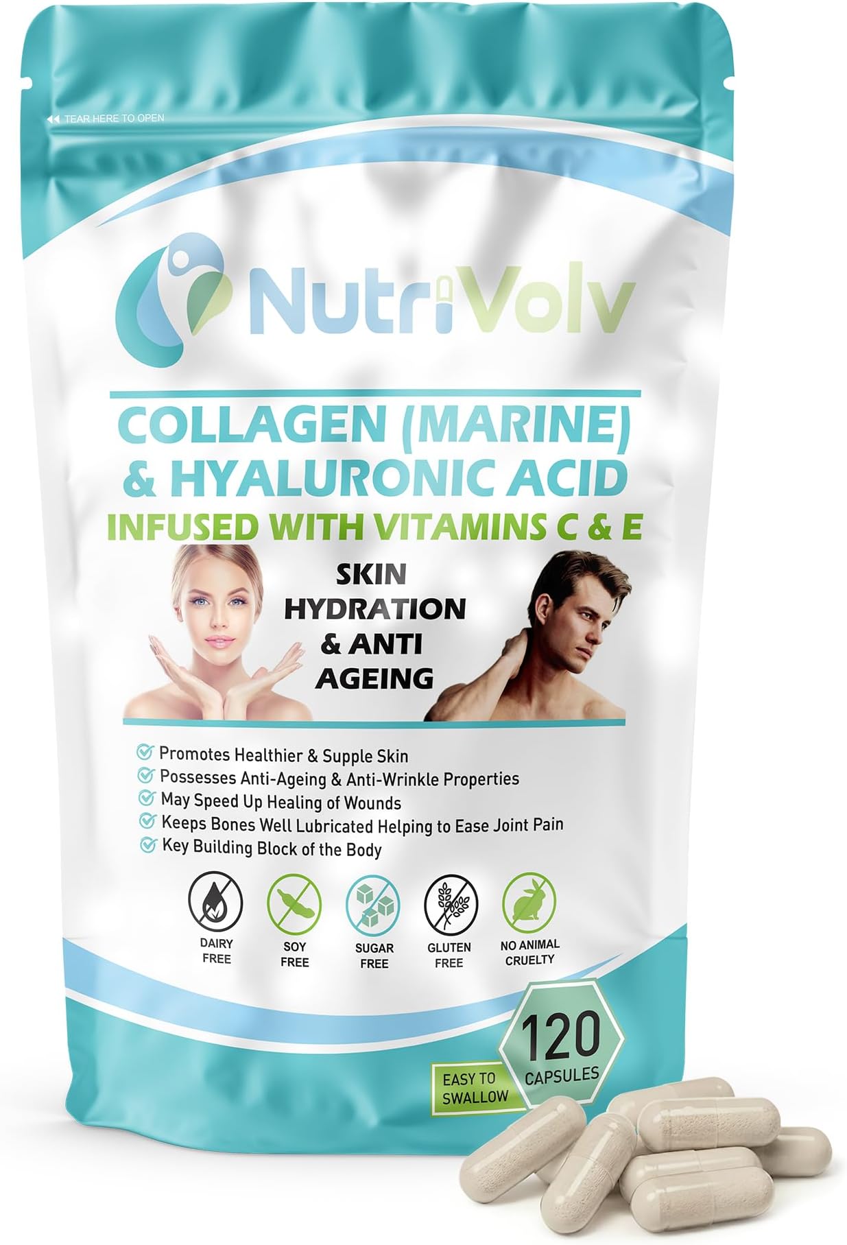 Collagen, Hyaluronic Acid High Strength with Vitamin C & E Beauty Pills Supports Tissue Repair, Anti Ageing & Skin Hydration | 120 Capsules
