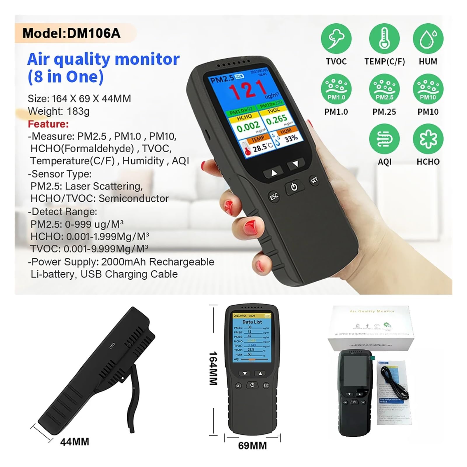 8 w 1 Detektor Jakości Powietrza HCHO TVOC PM2.5 PM10 PM1.0 Tester Temperatury Wilgotności Cyfrowy Analizator Powietrza Monitor Zanieczyszczenia Powietrza Odczyt w czasie rzeczywistym
