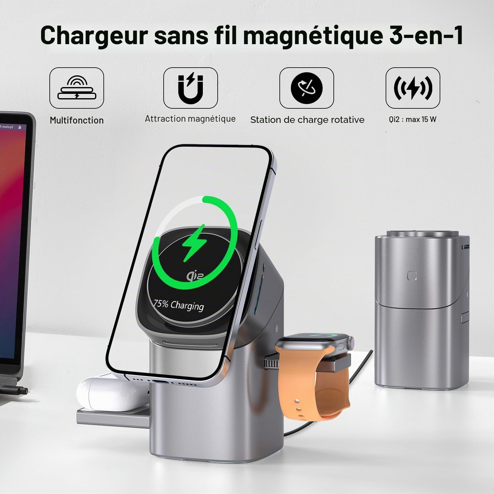 Station de Charge à Induction 3-en-1 QI2, Charge sans Fil, Prend en Charge la Charge Rapide, Support de téléphone Compatible avec iPhone, AirPods, iWatch, avec Ventilateur de Refroidissement Argent