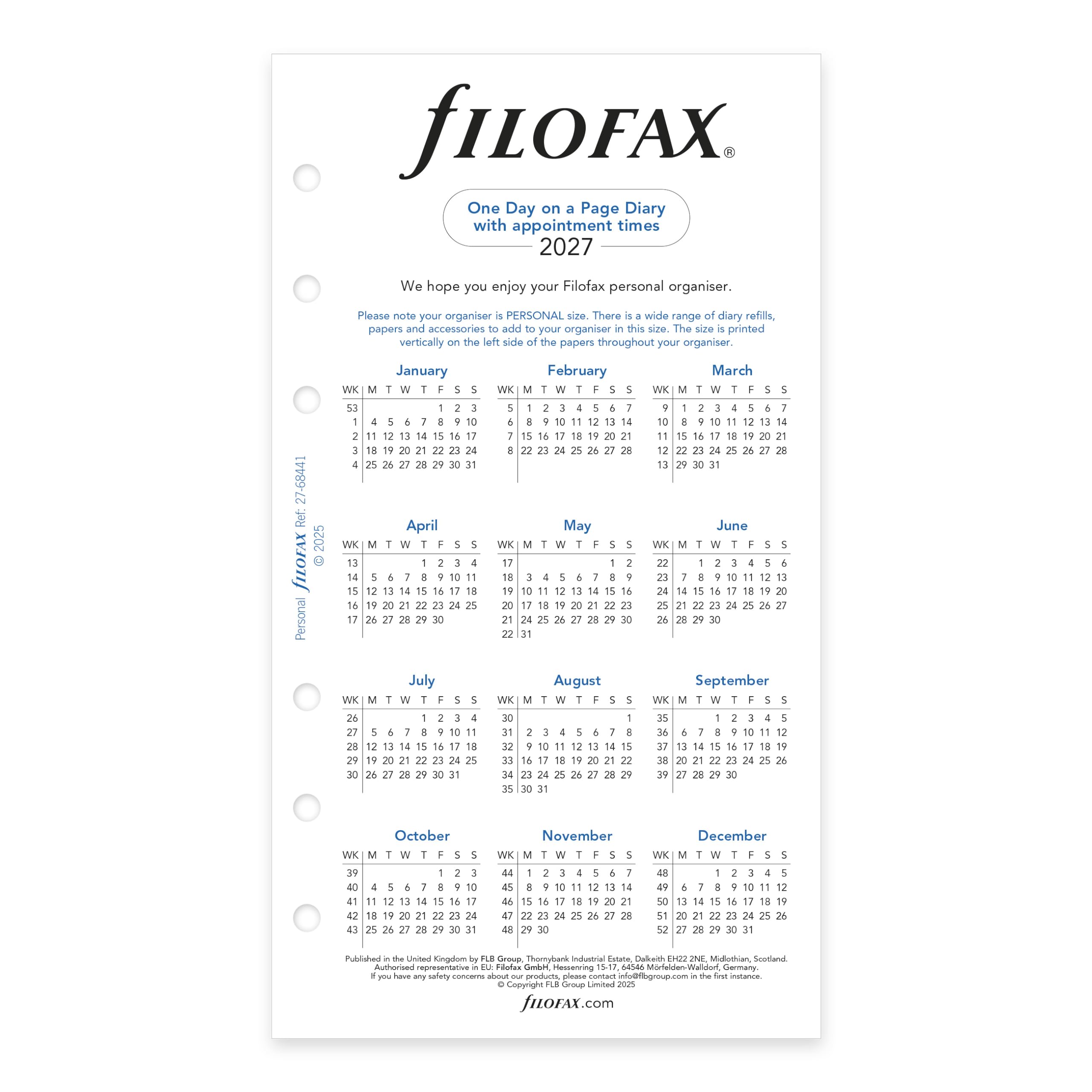 Filofax Recharge d'agenda pour calendrier, format personnel/compact, un jour sur une page avec rendez-vous, ligné, papier blanc, anglais, 2027 (C68441-27)