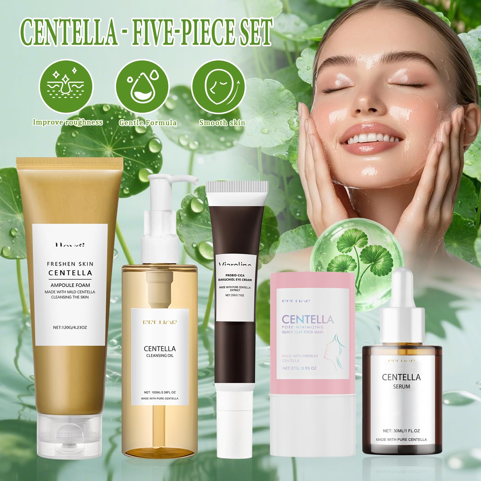 5Pcs Centella Skincare Kit,Centella Cleansing Oil+Centella Nettoyant Visage | Centella Serum + Centella Stick Mask + Creme Yeux, Nettoie, Nourrit et Hydrate la Peau,Combat Efficacement les Rides