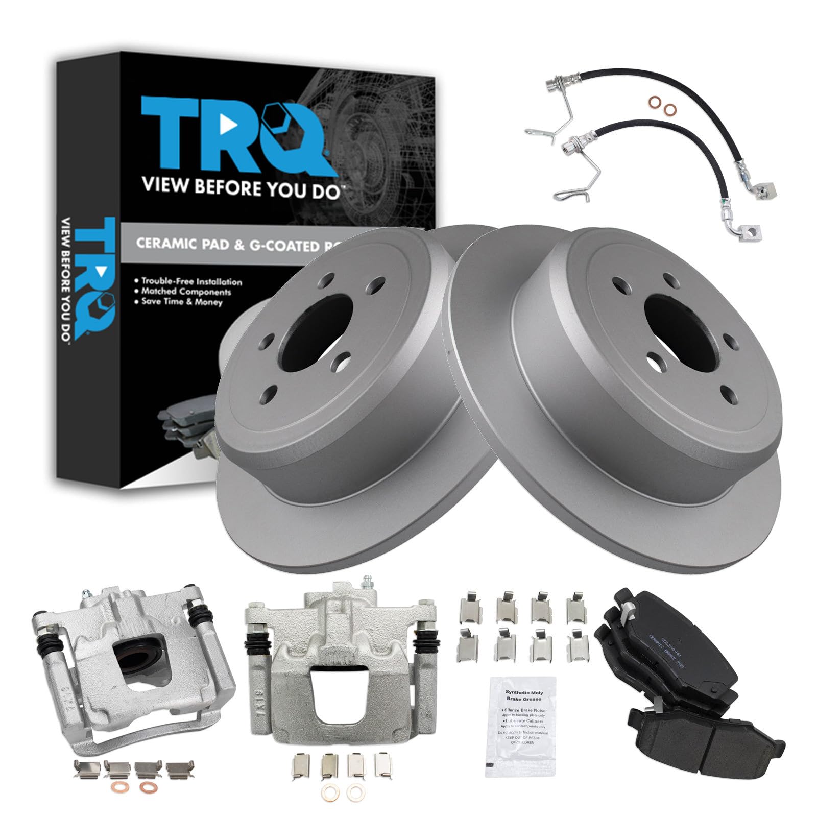 TRQ Rear Brake Pad and Rotor Set Ceramic G Coated Rotors Calipers Hoses Compatible with 2008-2012 Jeep Liberty
