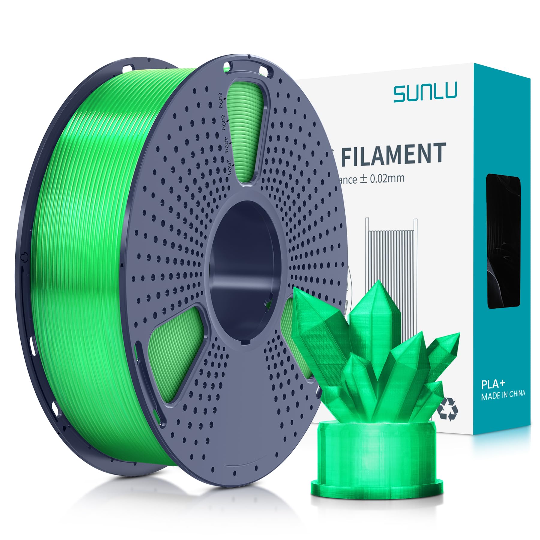SUNLU Filamento PLA+ 1.75mm per Stampante 3D e Penne 3D, Filamento PLA Plus 1KG,Neatly Wound, Buona tenacità, Precisione di Tolleranza del Filamento +/- 0.02mm,Trasparente Verde