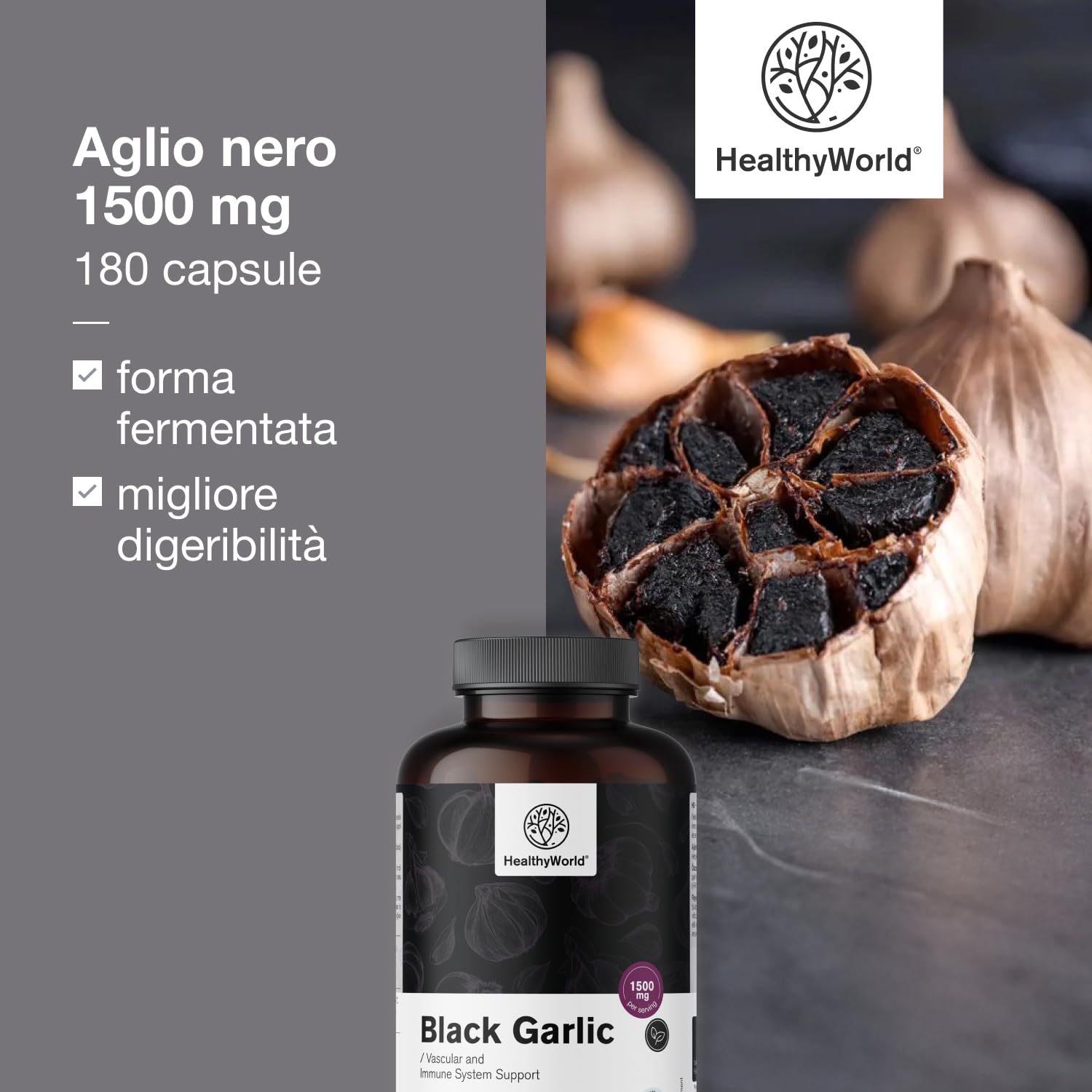 HealthyWorld® Aglio Nero 1500 mg - 180 Capsule - Estratto di Aglio 25:1-20% Polifenoli - Inodore e senza sapore sgradevole - Per più di 3 mesi - Sistema immunitario e Circolazione