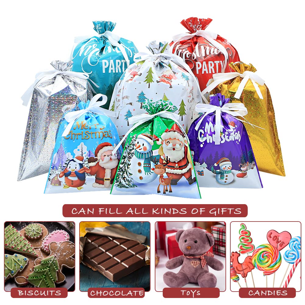 Lot de 35 sacs cadeaux de Noël avec cordon de serrage, tailles assorties, sacs cadeaux de Père Noël, sacs à friandises avec ruban à nouer en 4 tailles et 8 motifs pour famille, amis, enfants pour